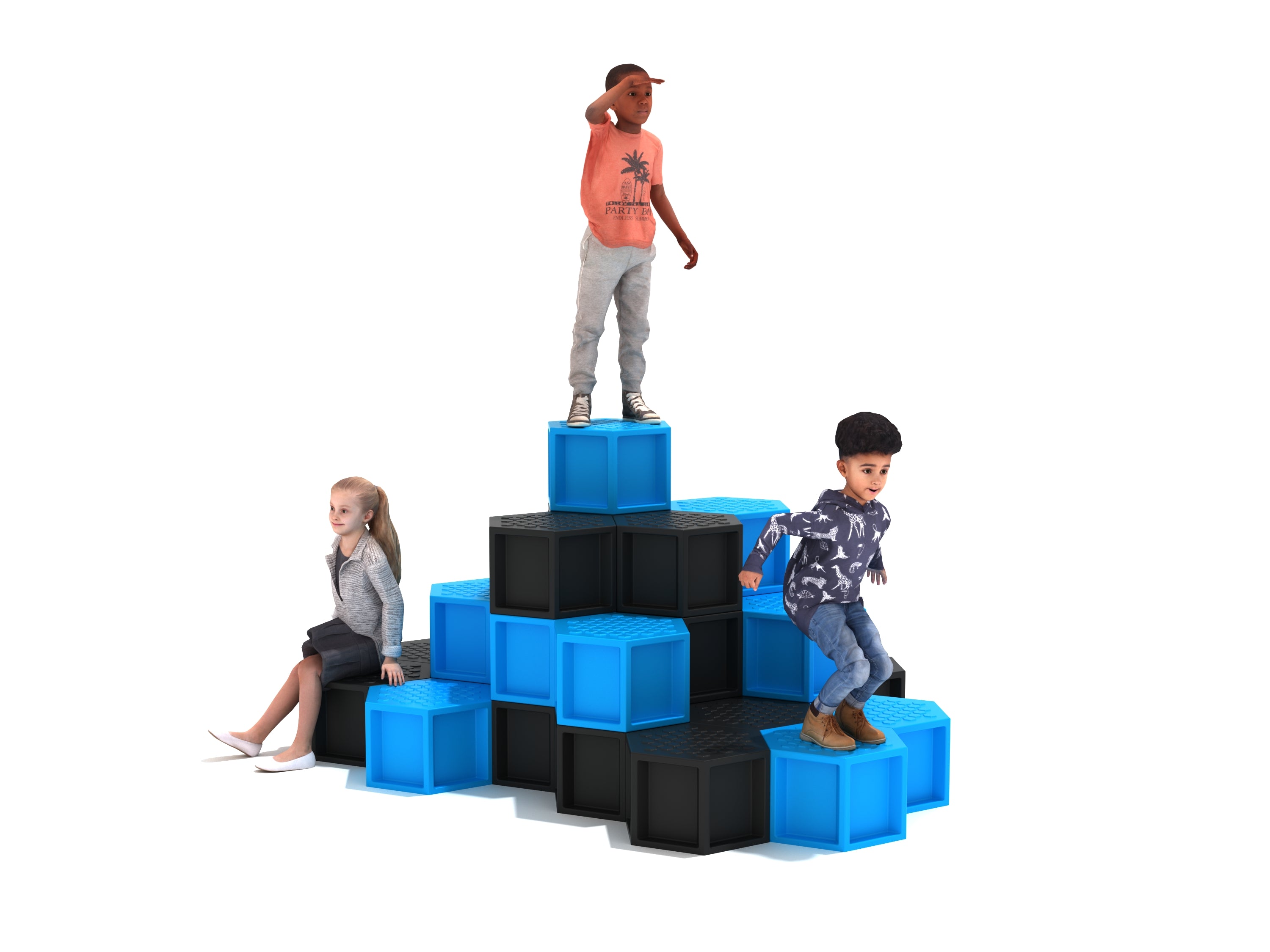 Tiered hexagon playground climber with blue and black textured platforms, children climbing and sitting on top
