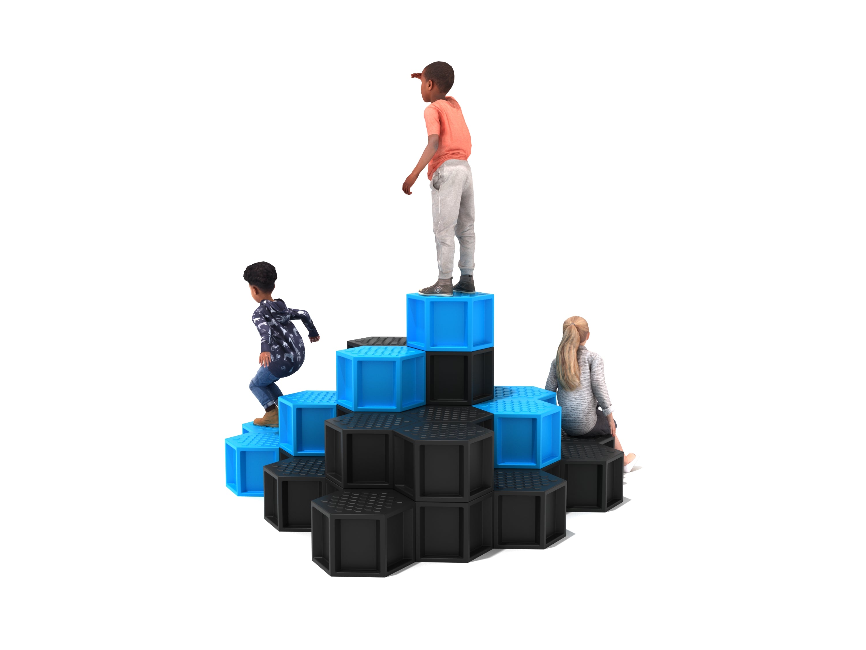 Tiered hexagonal playground climber in blue and black with children climbing and sitting on textured platforms