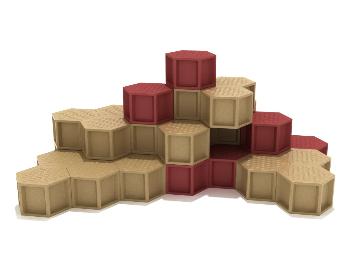 Advanced Honeycomb Climber with stacked red and tan hexagonal pods for climbing and balancing in playgrounds