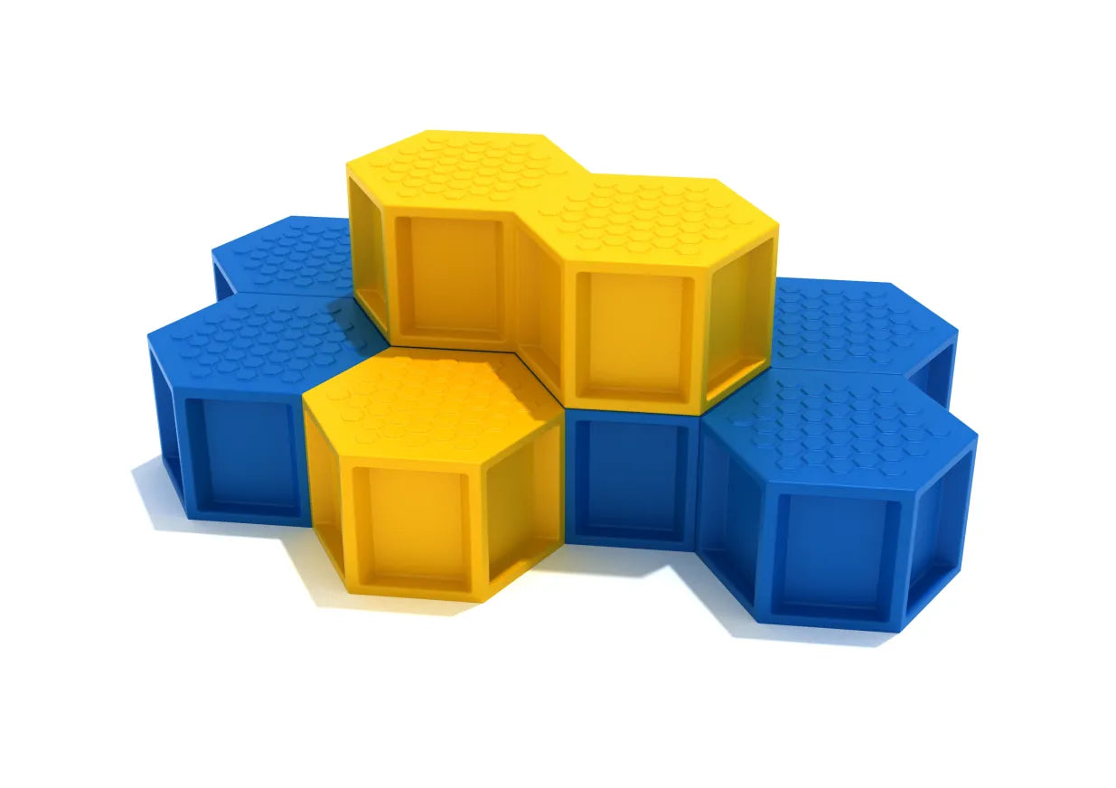 Basic HoneyComb Climber with stacked blue and yellow hexagonal pods featuring textured non-slip surfaces for kids' climbing and balancing play