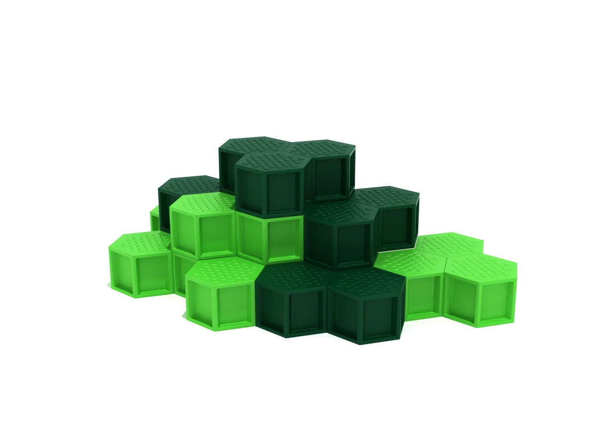 Honeycomb Climber Challenger with stacked green hexagonal platforms for kids' climbing, balancing, and coordination play