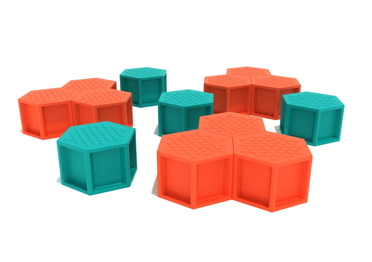 Intermediate Honeycomb Climber with colorful orange and teal hexagonal pods for climbing, balancing, and active play