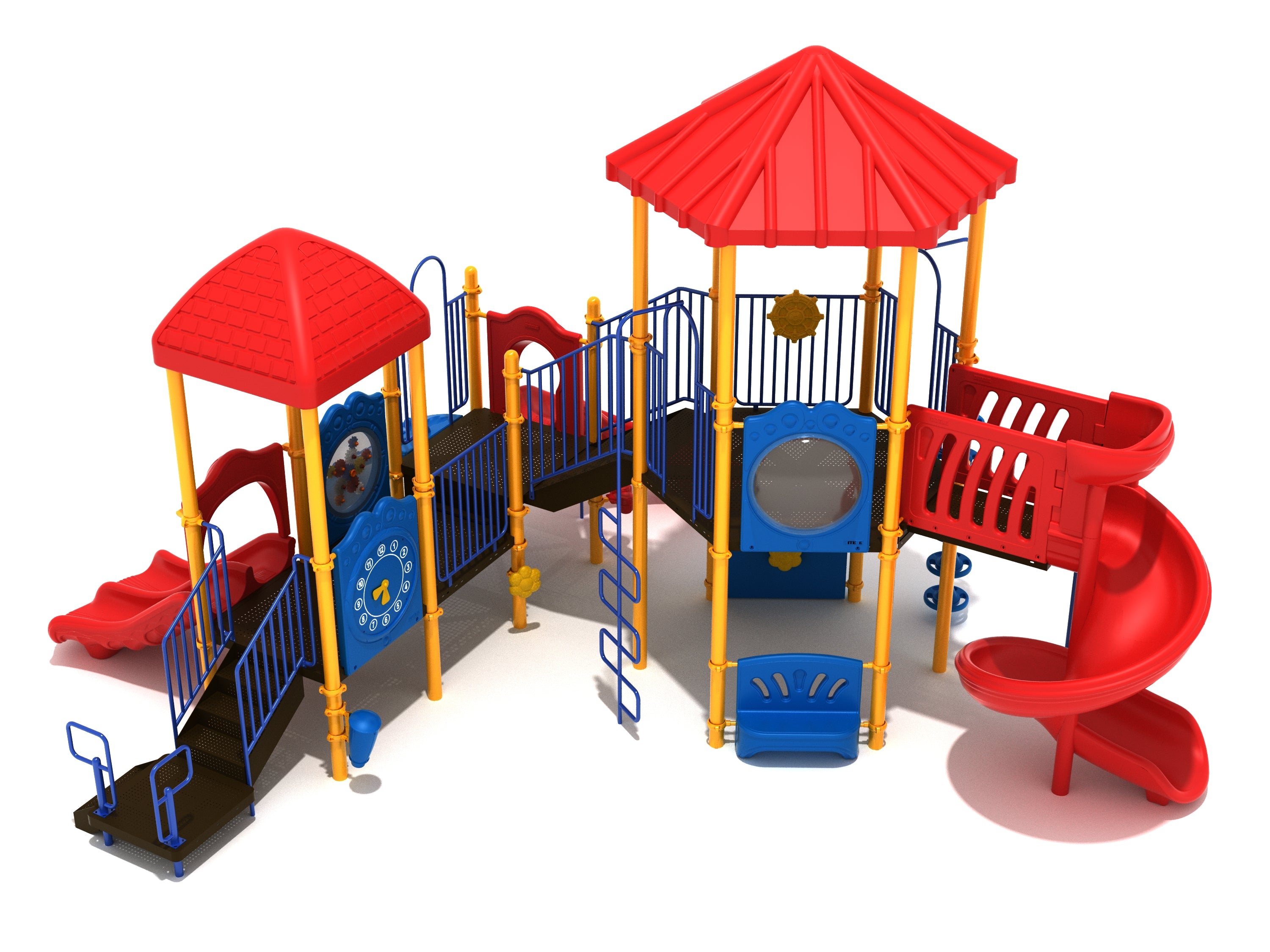 Colorful playground structure with red roofs, spiral and double slides, climbing panels, sensory play features, and musical elements.