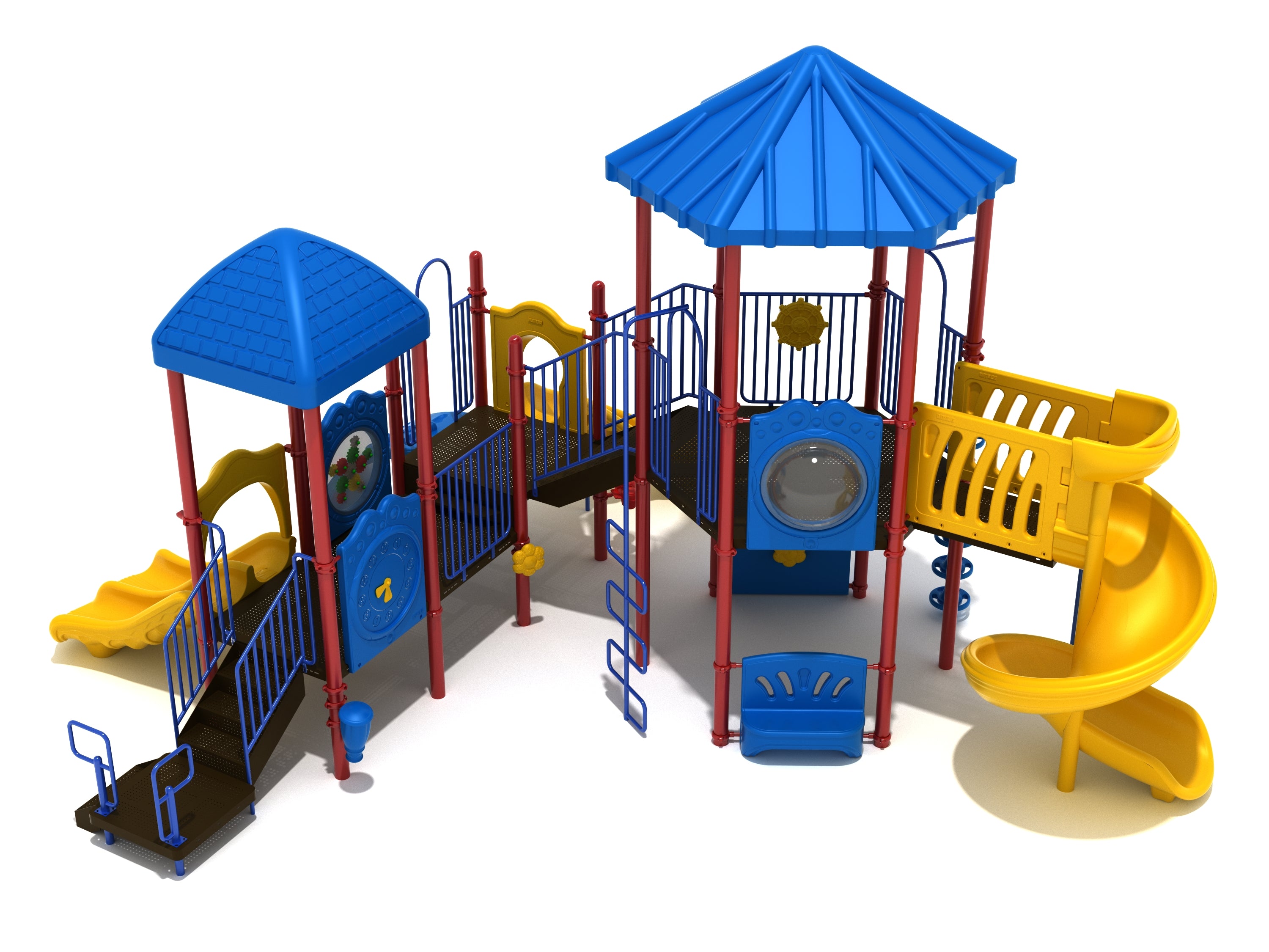 Colorful playground with blue roofs, yellow spiral and double slides, climbing panels, sensory play features, and musical elements