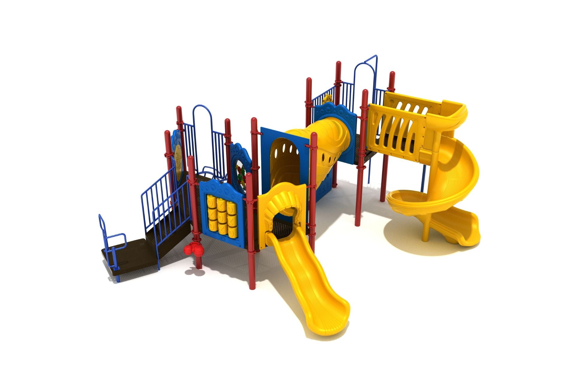 Hardscrabble Playground large play system with yellow funnel tube bridge, slides, red posts, blue panels, and interactive play features