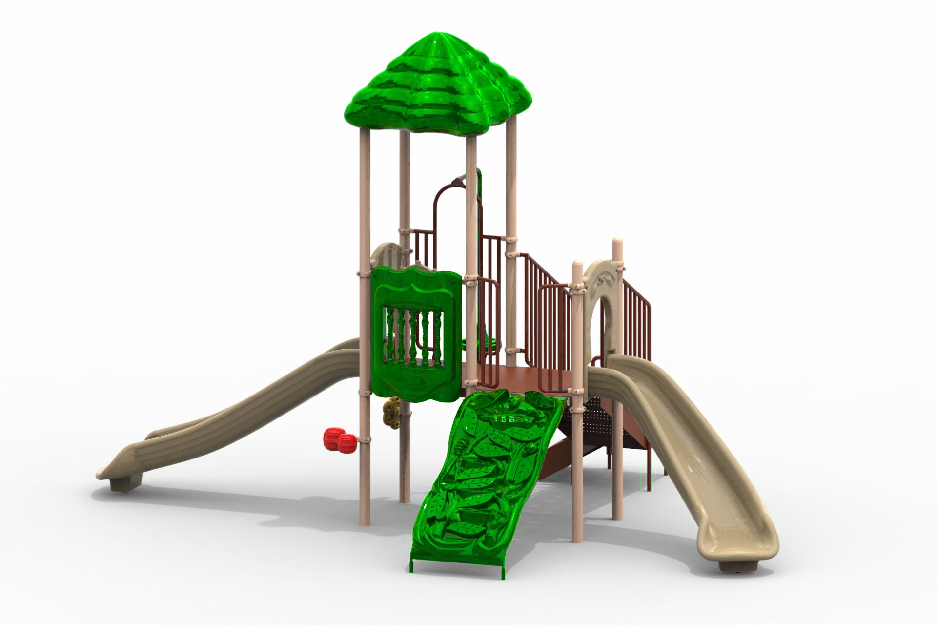 Hawk's Nest Play System with green leaf-themed climbing wall, two beige slides, and green canopy roof