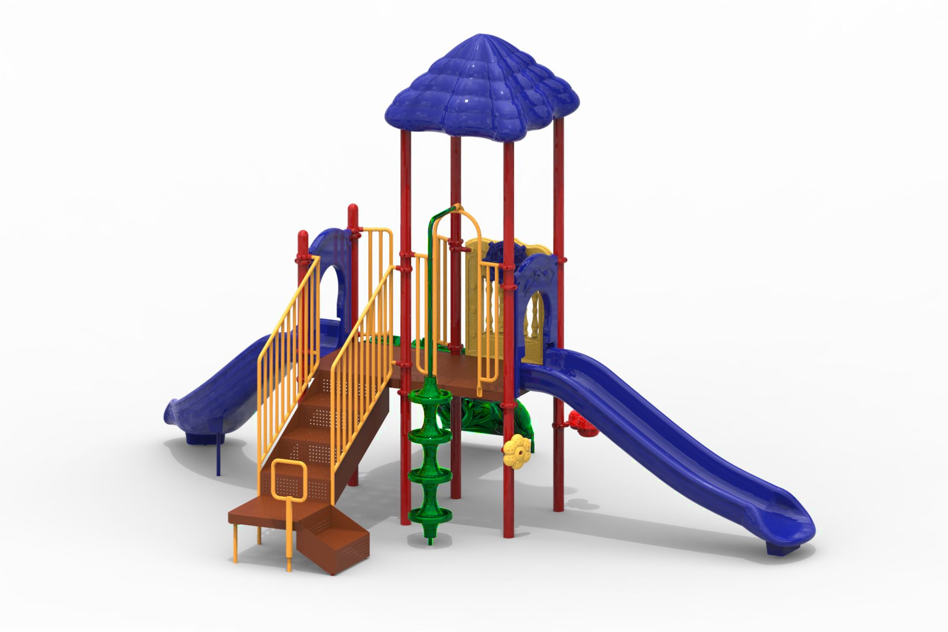 Compact playground with blue straight and curved slides, red posts, yellow railings, green climbing features, and a blue roof.