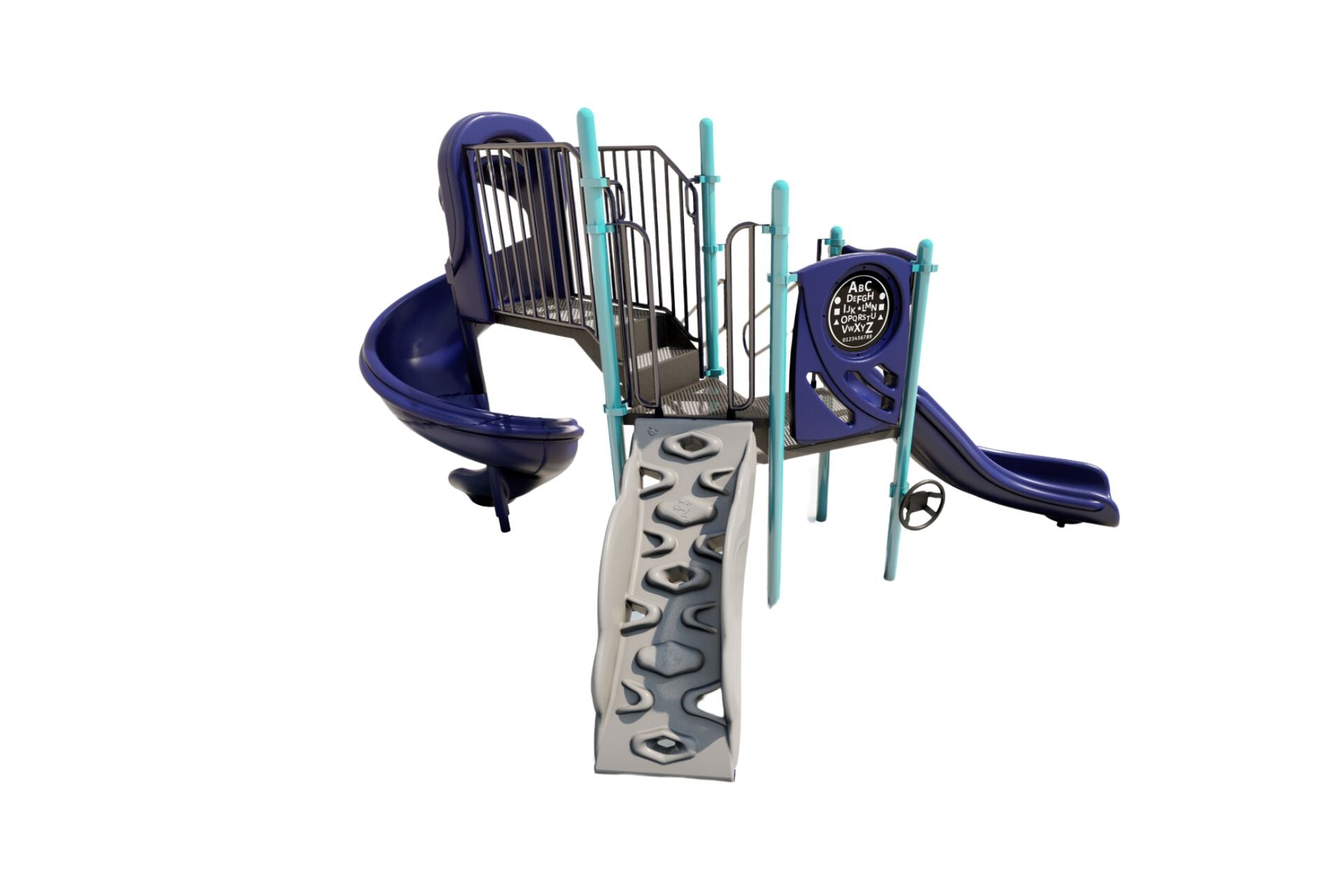Hawkeye Playground large play system with blue slides, climbing wall, teal steel posts, and customizable shade options