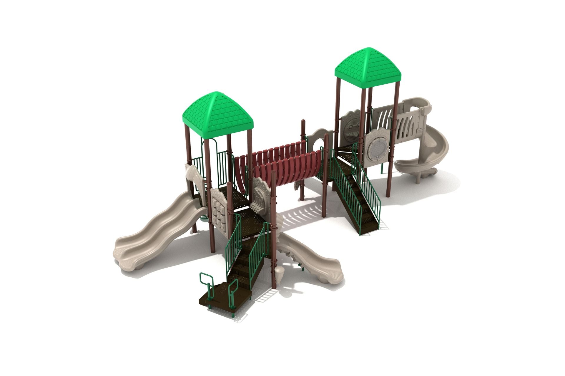 Hazel Dell Playground large play system with green roofs, beige slides, climbing stairs, connecting bridge, and musical panels