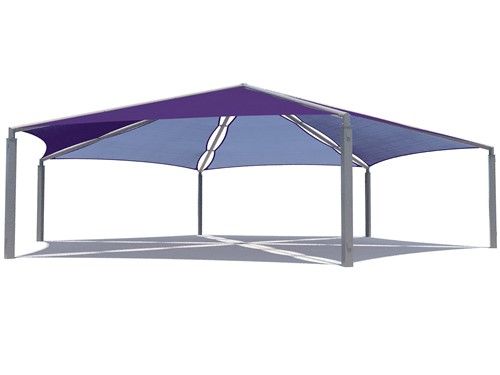 Hexagon shade structure with purple and blue fabric panels supported by metal posts, providing large sun protection outdoors