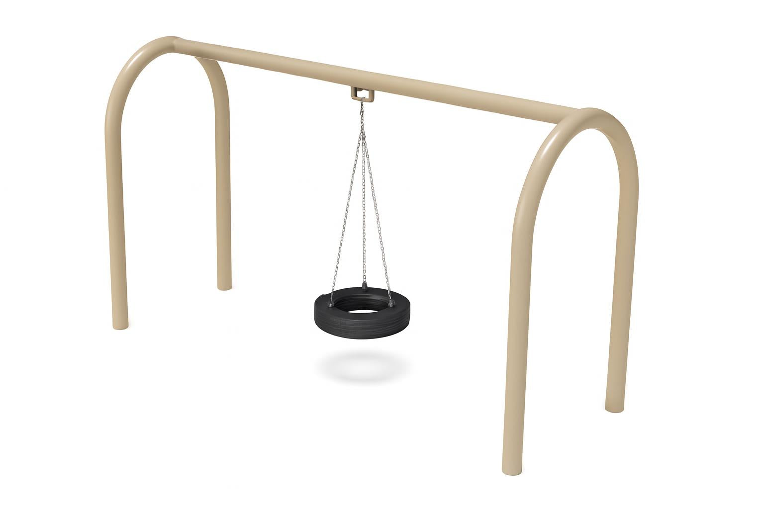 Heavy Duty Arch Tire Swing Set with beige arch frame and black rotationally-molded tire swing suspended by chains