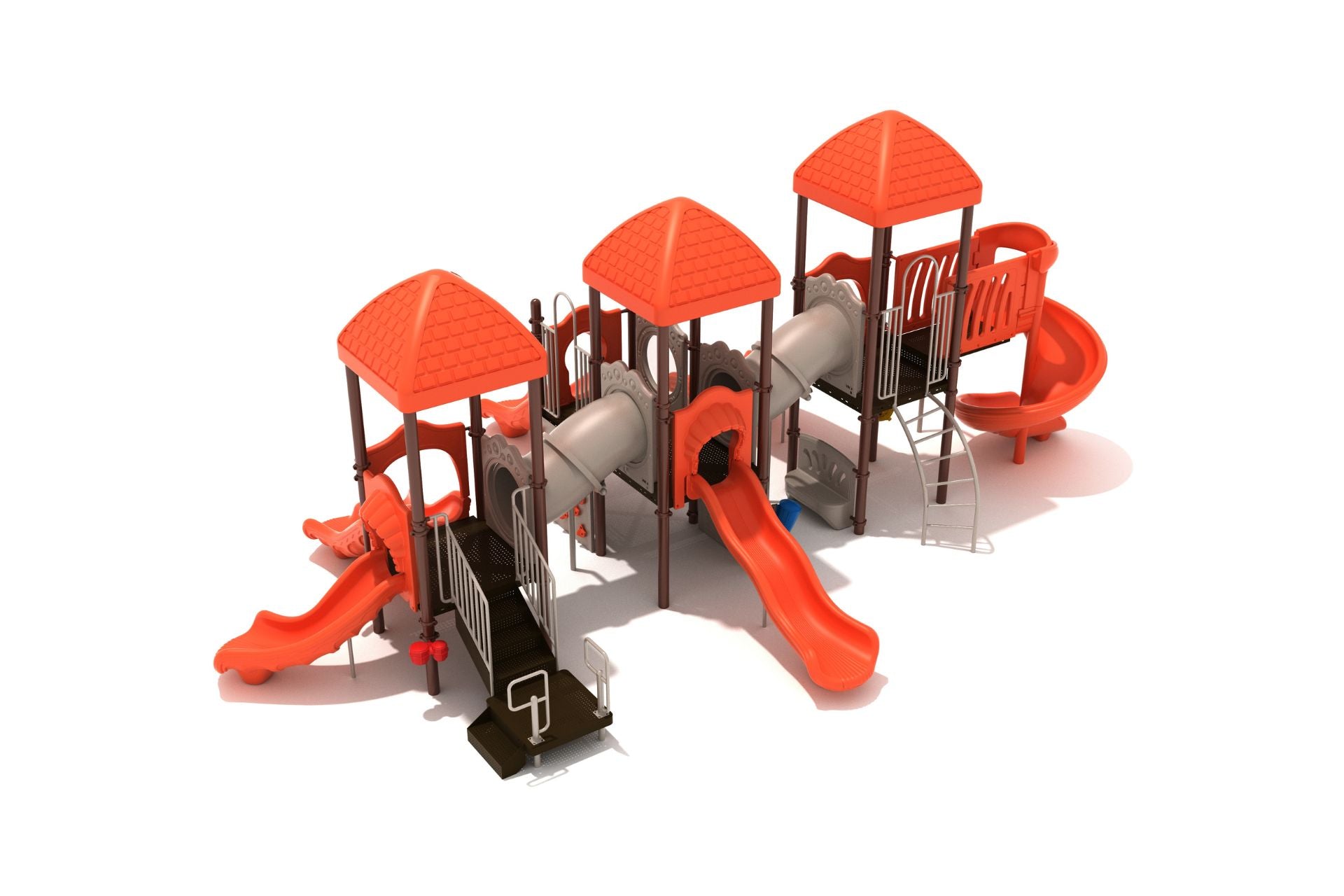 Hidden Oak Playground with three connected towers, multiple orange slides including double wave and spiral, tube bridges, and climbing ladders
