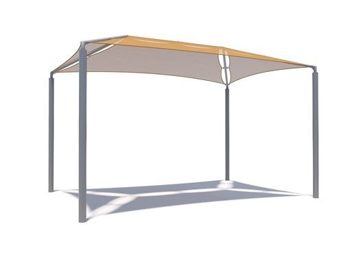 Four-panel outdoor shade structure with beige fabric panels and gray metal posts, customizable for sun protection.