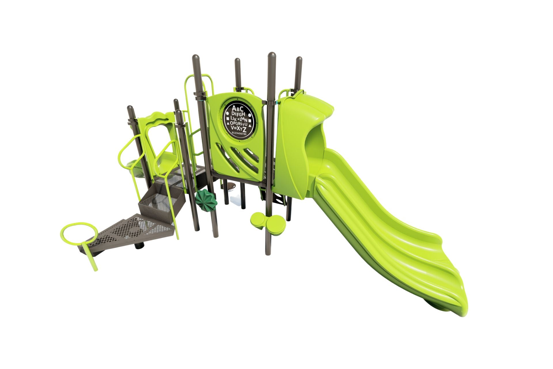 Horseshoe Playground with bright green dual slides, climbing steps, sensory panel, and in-ground mounting play system