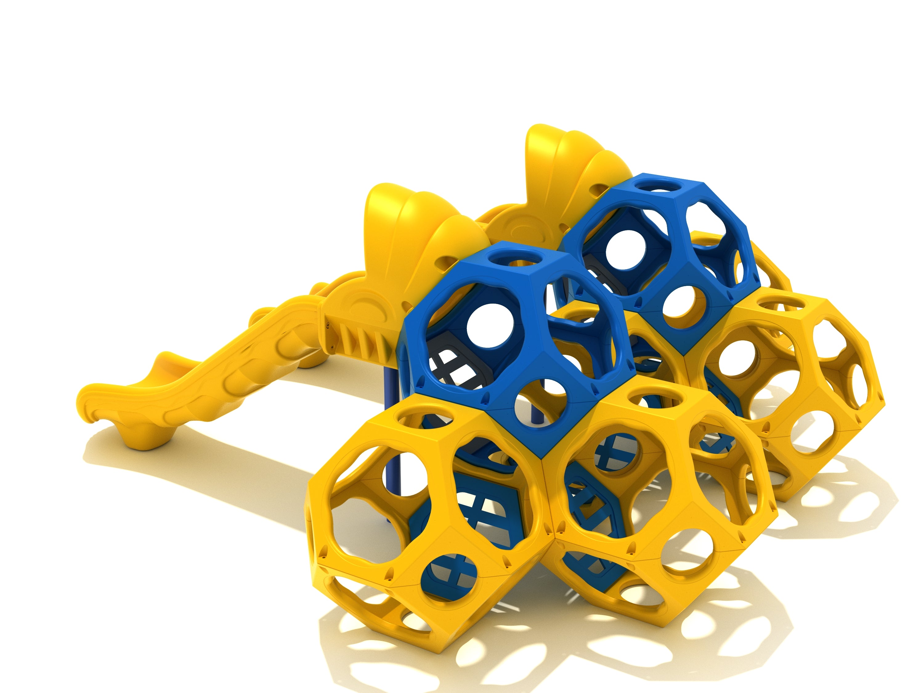 Colorful geometric climbing cube with open shapes and twin yellow wave slides for active playground play