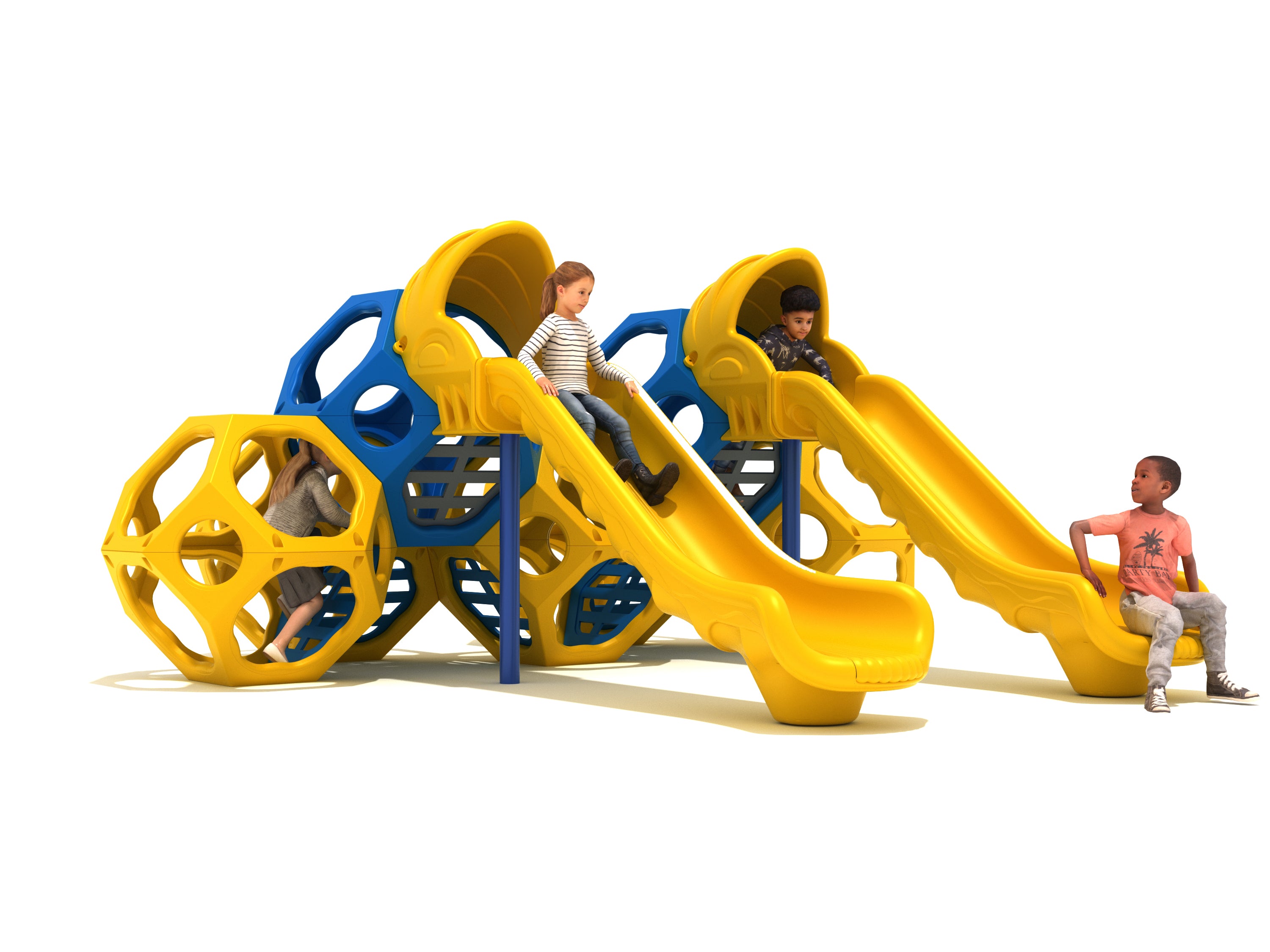 Vibrant geometric climbing cube with open shapes, crawl spaces, and twin yellow wave slides, children actively playing.