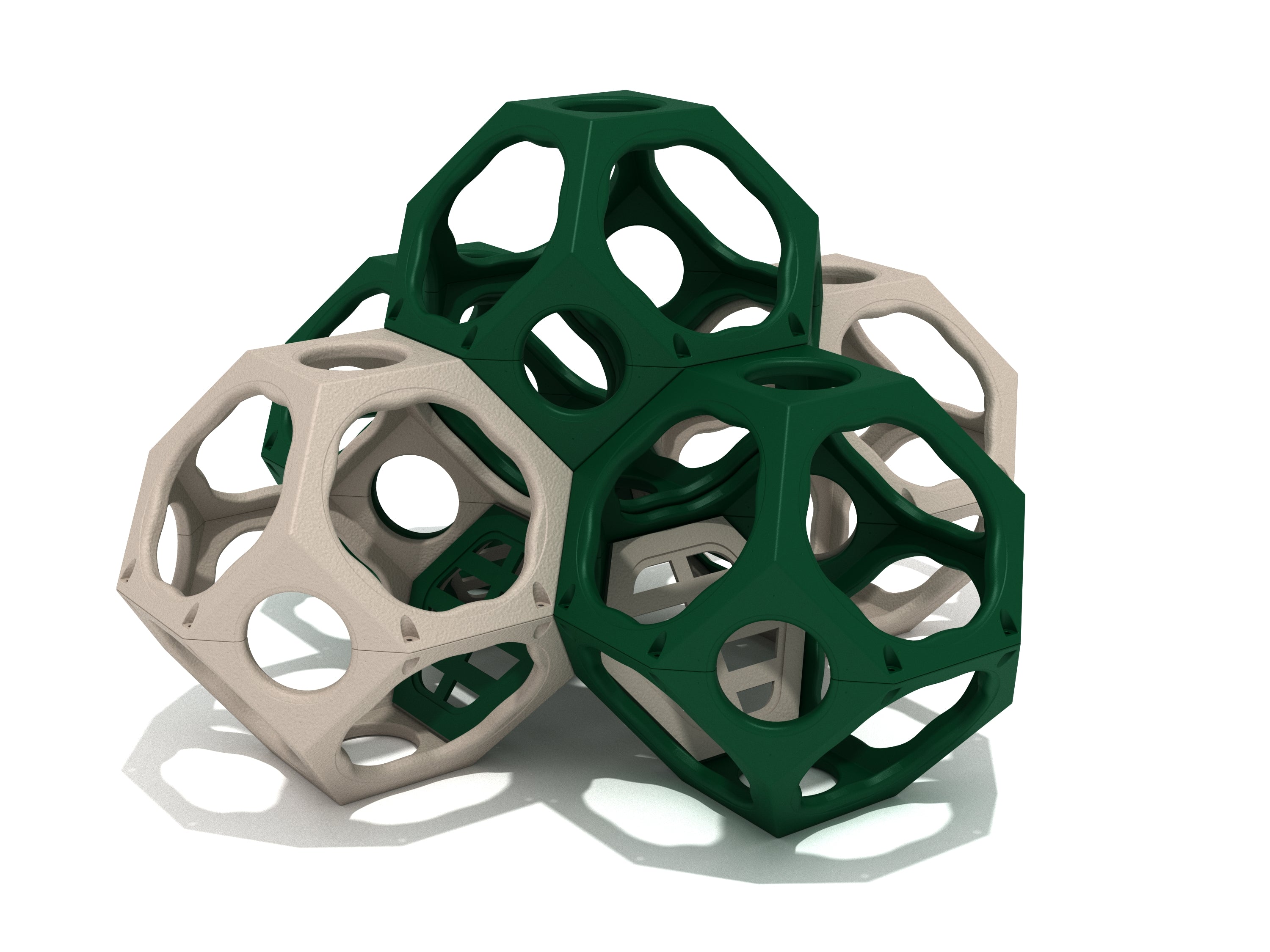 Pascal's Puzzle Climbing Cubes cluster of green and beige open-faced geometric pods for playground STEM climbing and imaginative play