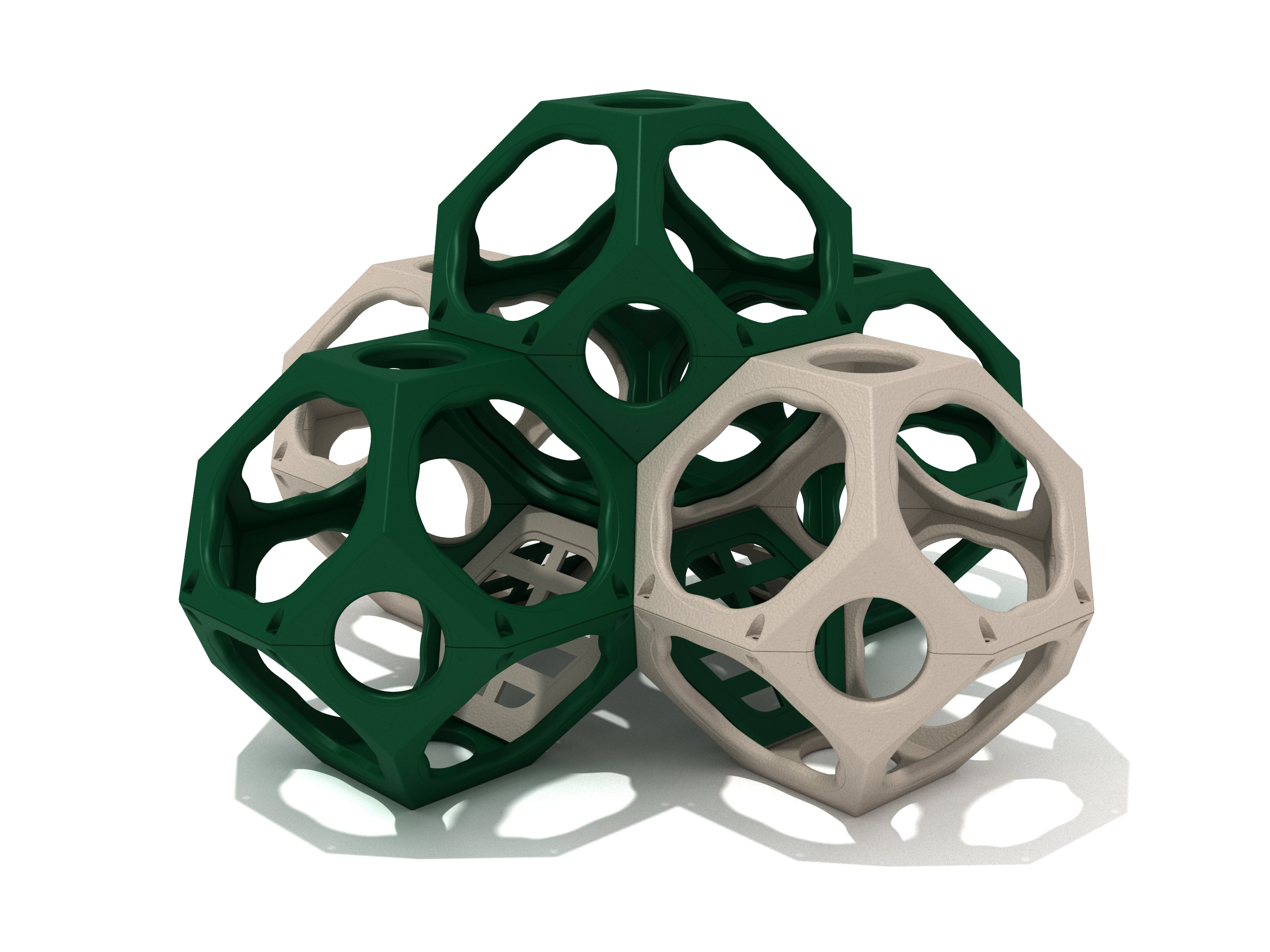 Cluster of interconnected green and beige geometric climbing pods with open faces for playground use