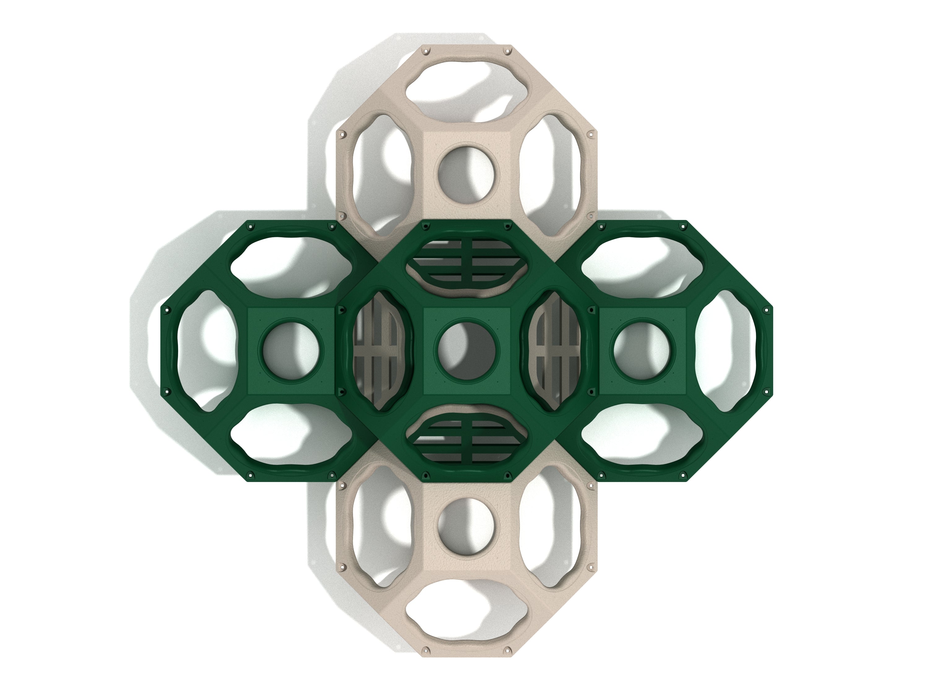 Overhead view of green and beige geometric climbing cubes with open faces for STEM playground play