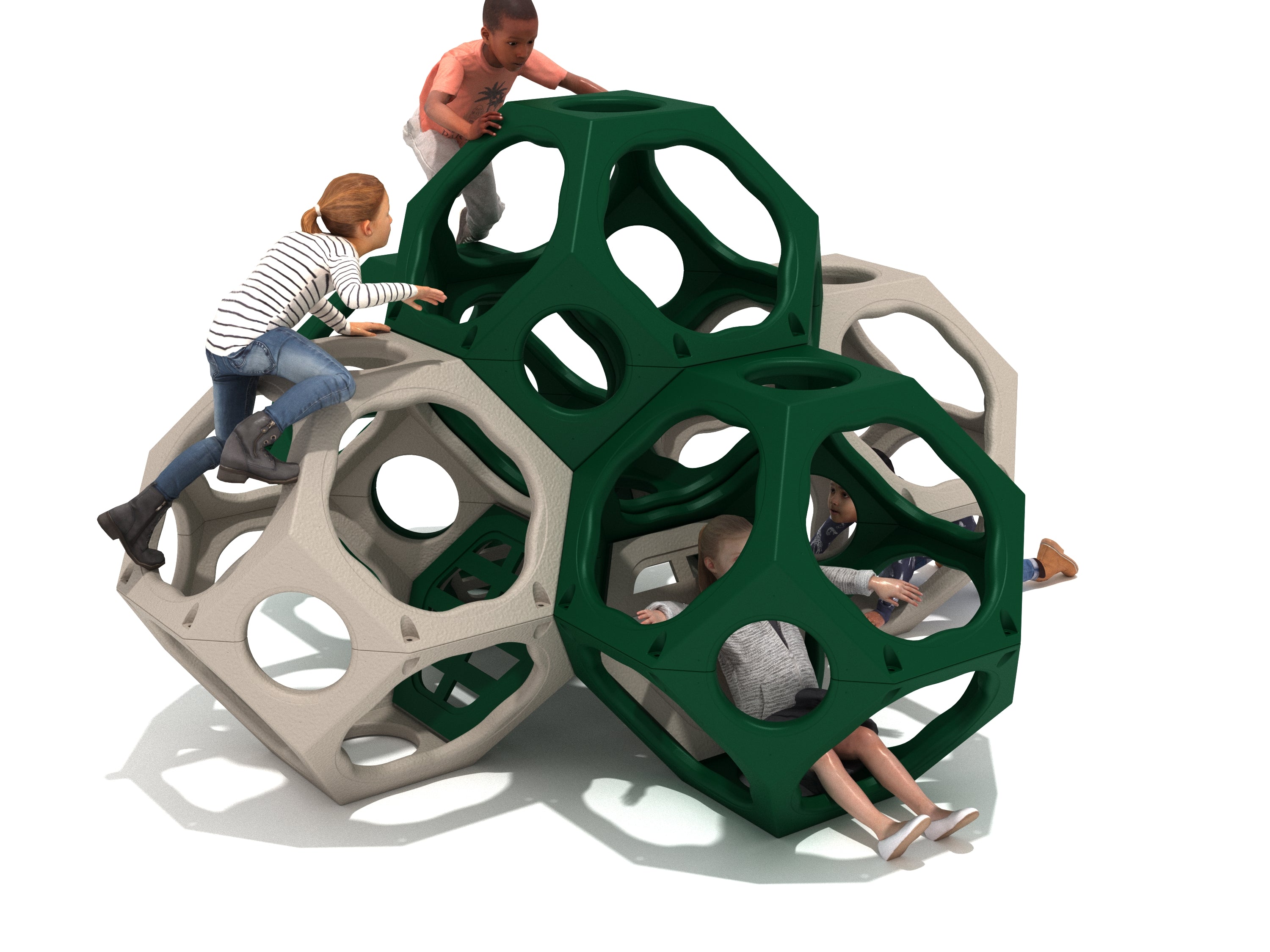 Cluster of green and beige geometric climbing pods with children climbing and crawling through multiple openings