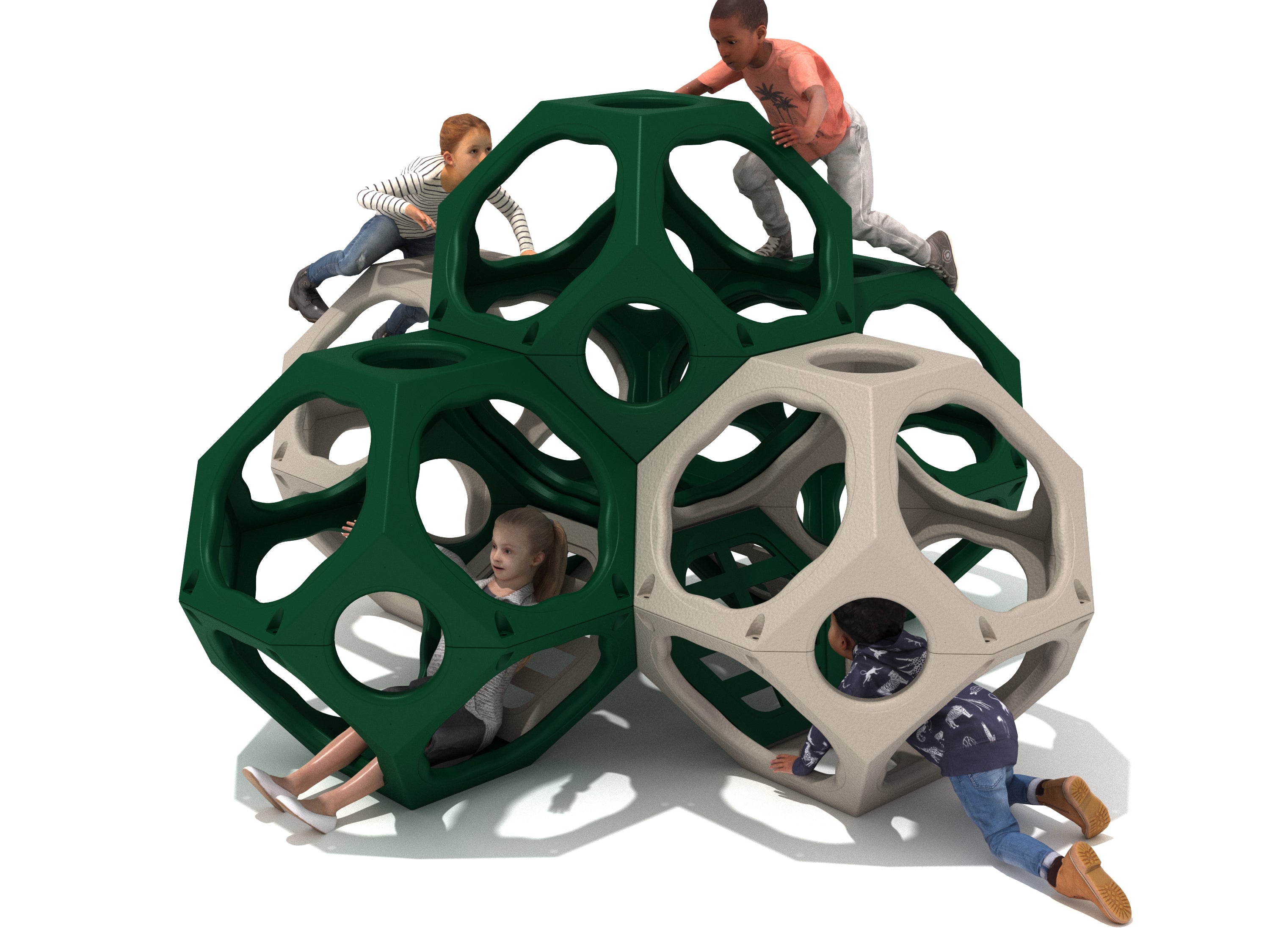 Children climbing and crawling through interconnected green and beige geometric climbing cubes promoting active play and coordination