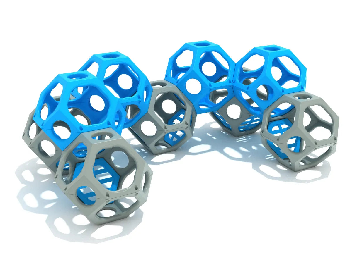 Turing's Tower Climbing Cube with interconnected blue and gray geometric climbing pods in angled side view