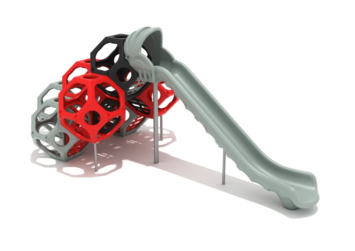 Peak of Pythagoras climbing cube with red, gray, and black geometric pods and integrated gray wave slide for active play