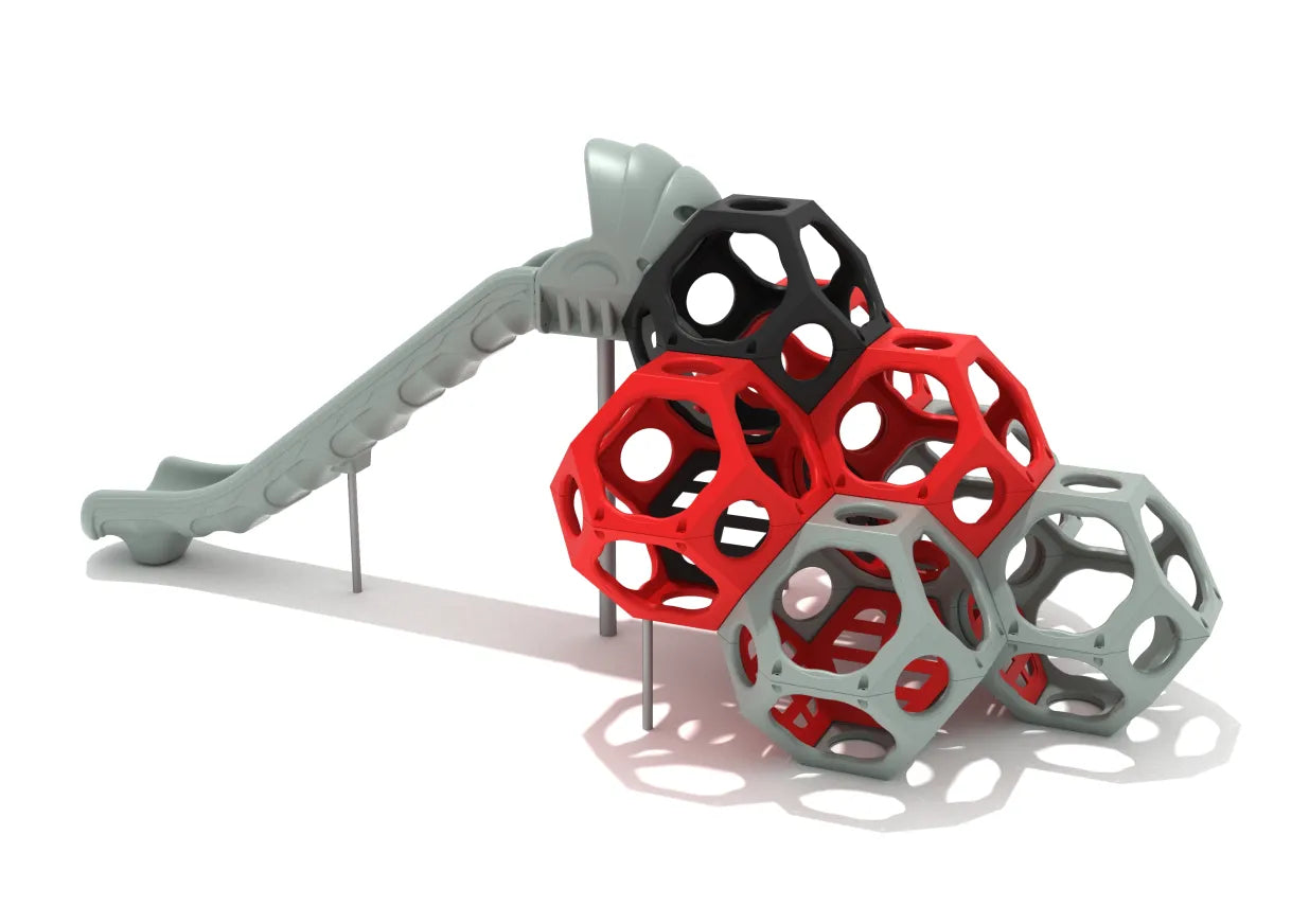 Modular climbing structure with open red, charcoal, and gray polyhedral pods and an integrated wave slide