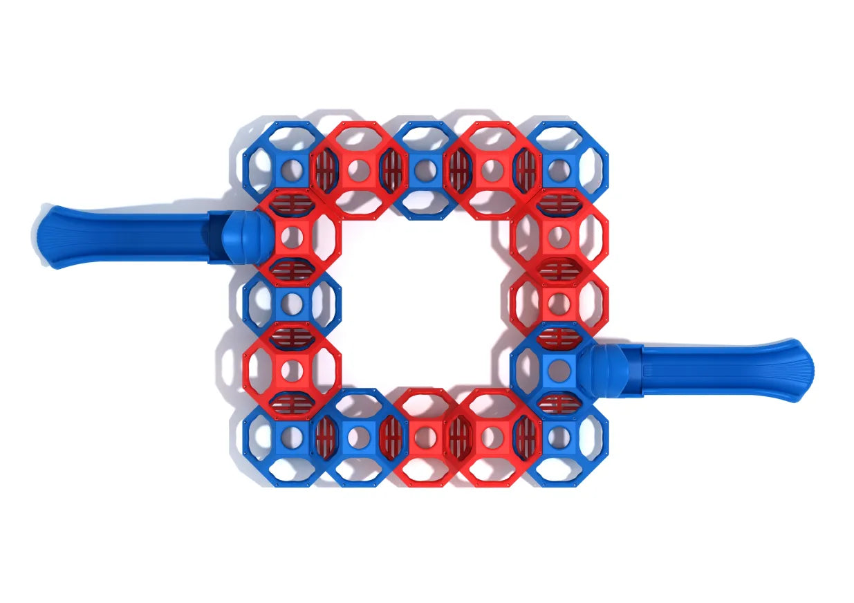Overhead view of a modular playground climbing structure with red and blue climbing pods and two blue wave slides