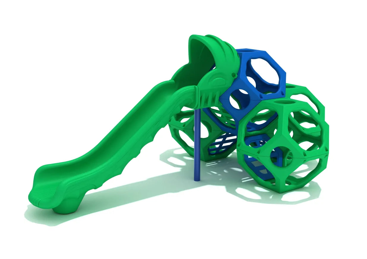 Compact playground climbing structure with interlocking green and blue polyhedral shapes and a green wave slide