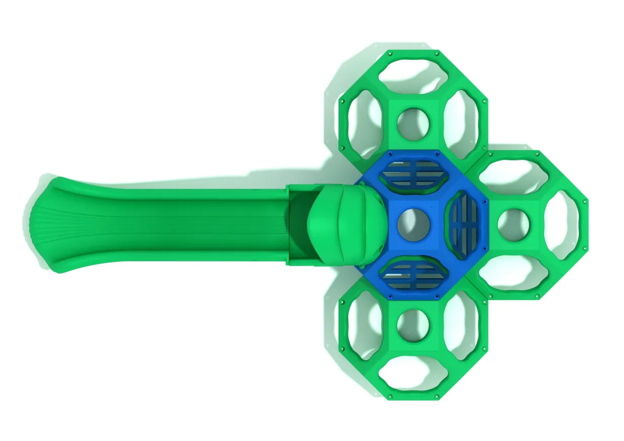 Overhead view of compact green and blue polyhedral climbing structure with attached wave slide for active play