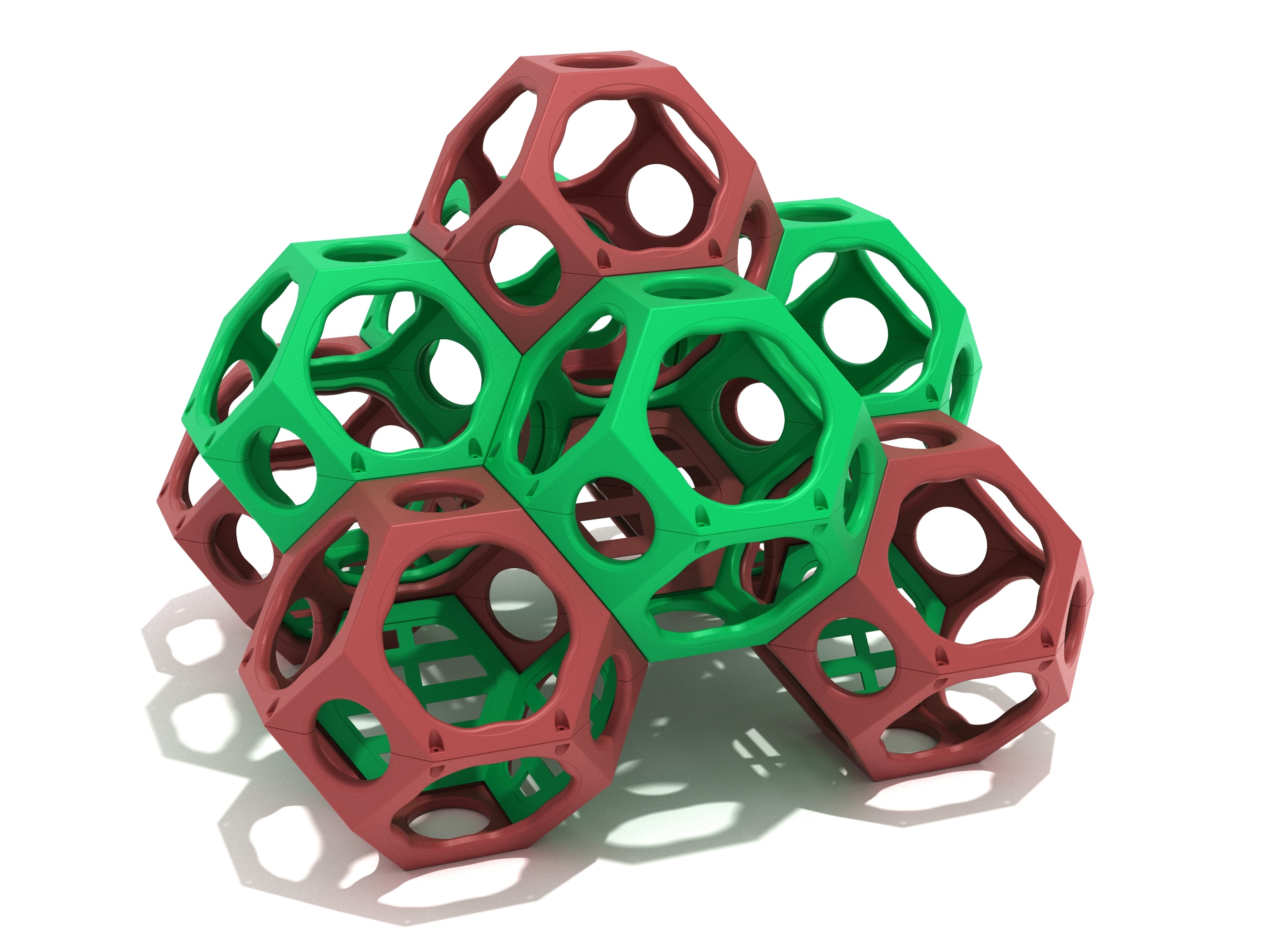 Blackwell Berm Climbing Cube geometric cluster of red and green open-frame climbing pods with handholds and peek-through openings for imaginative play