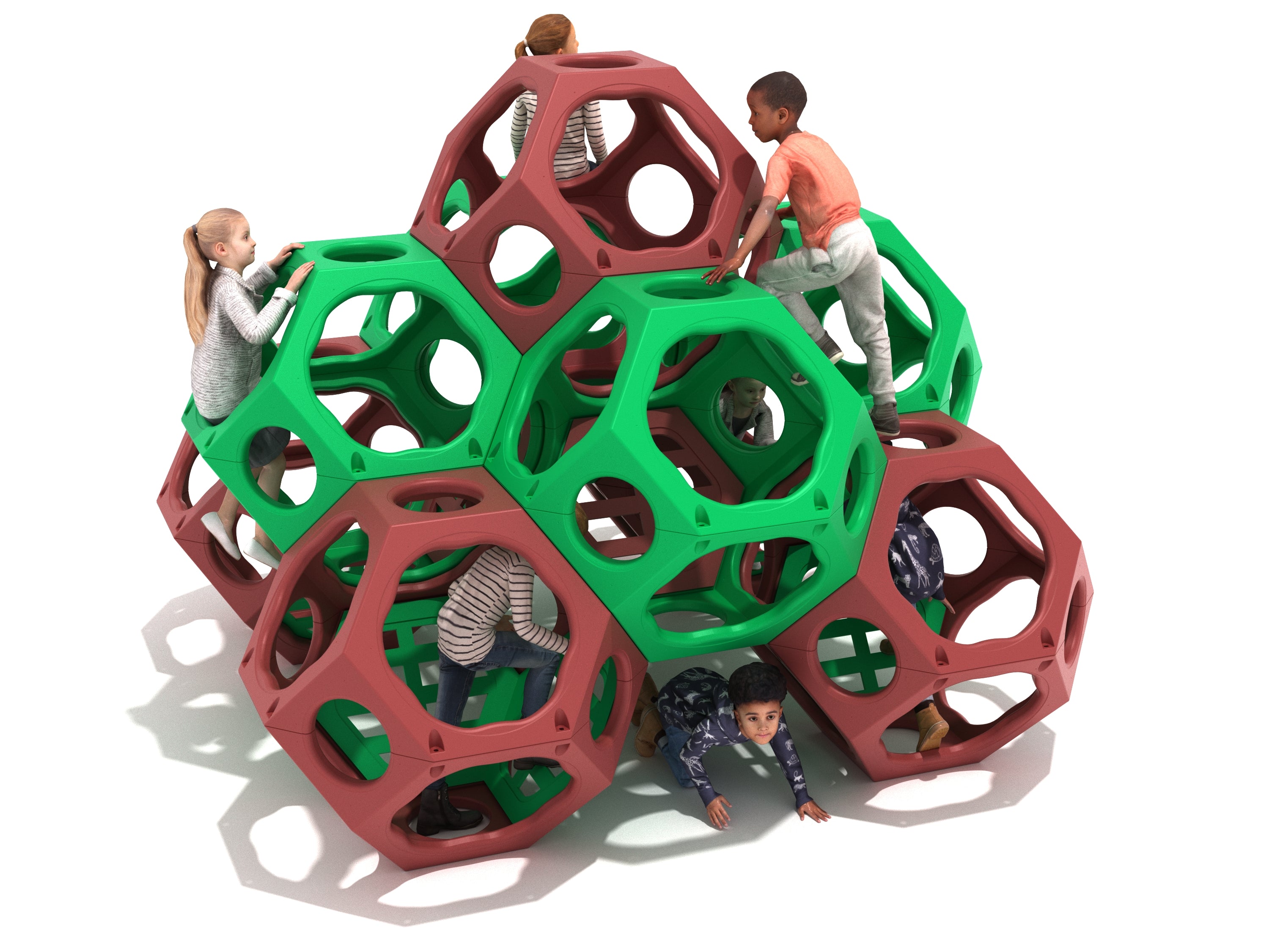 Children climbing and crawling on a geometric cluster of red and green open-frame climbing pods with circular openings