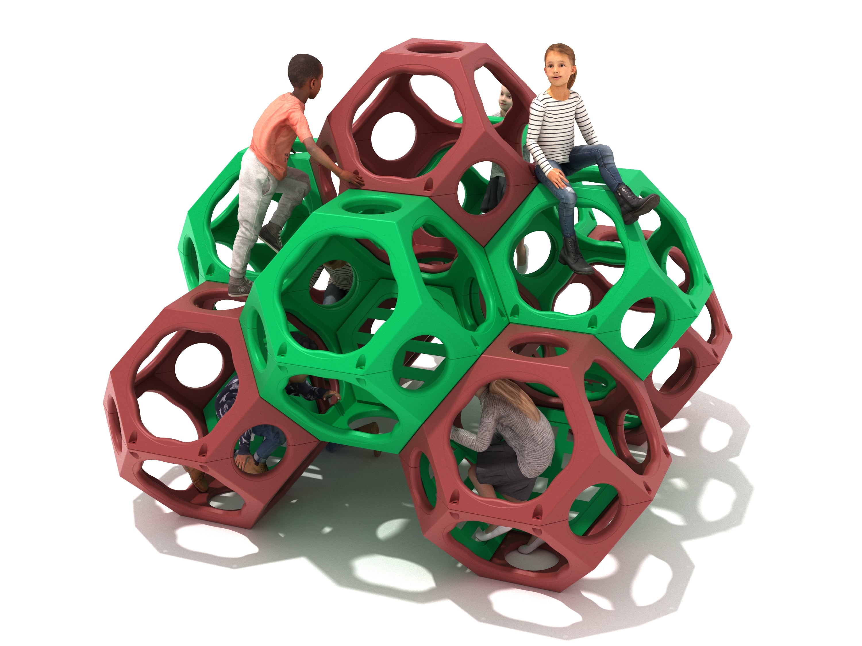 Children climbing and sitting on a geometric cluster of green and red open-frame climbing pods with smooth handholds and peek-through openings