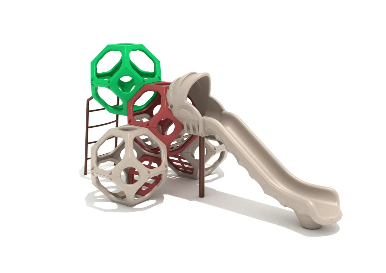 Wade's Willow Climbing Cube Slide with green, red, beige geometric climbing pods, beige wave slide, and ladder