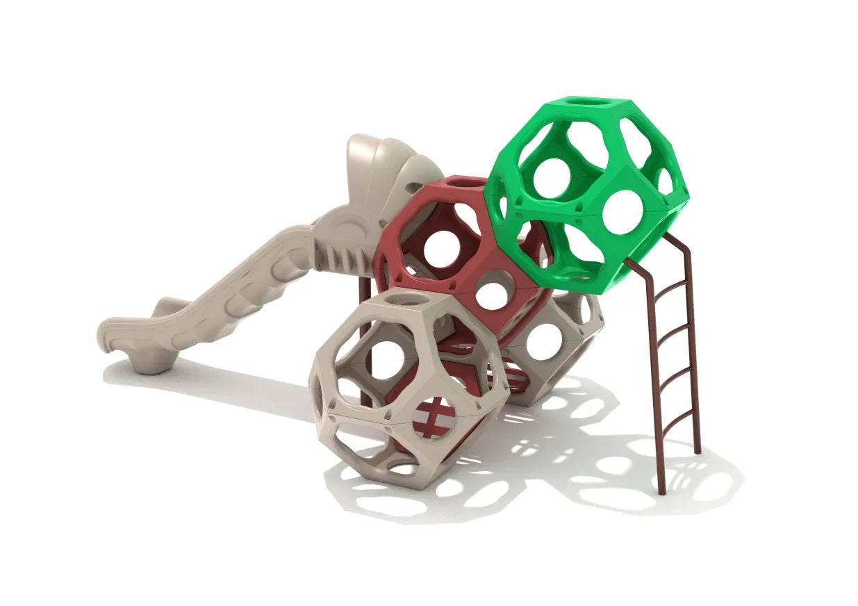 Colorful geometric climbing pods connected by a built-in ladder and a smooth wave slide for active playground play