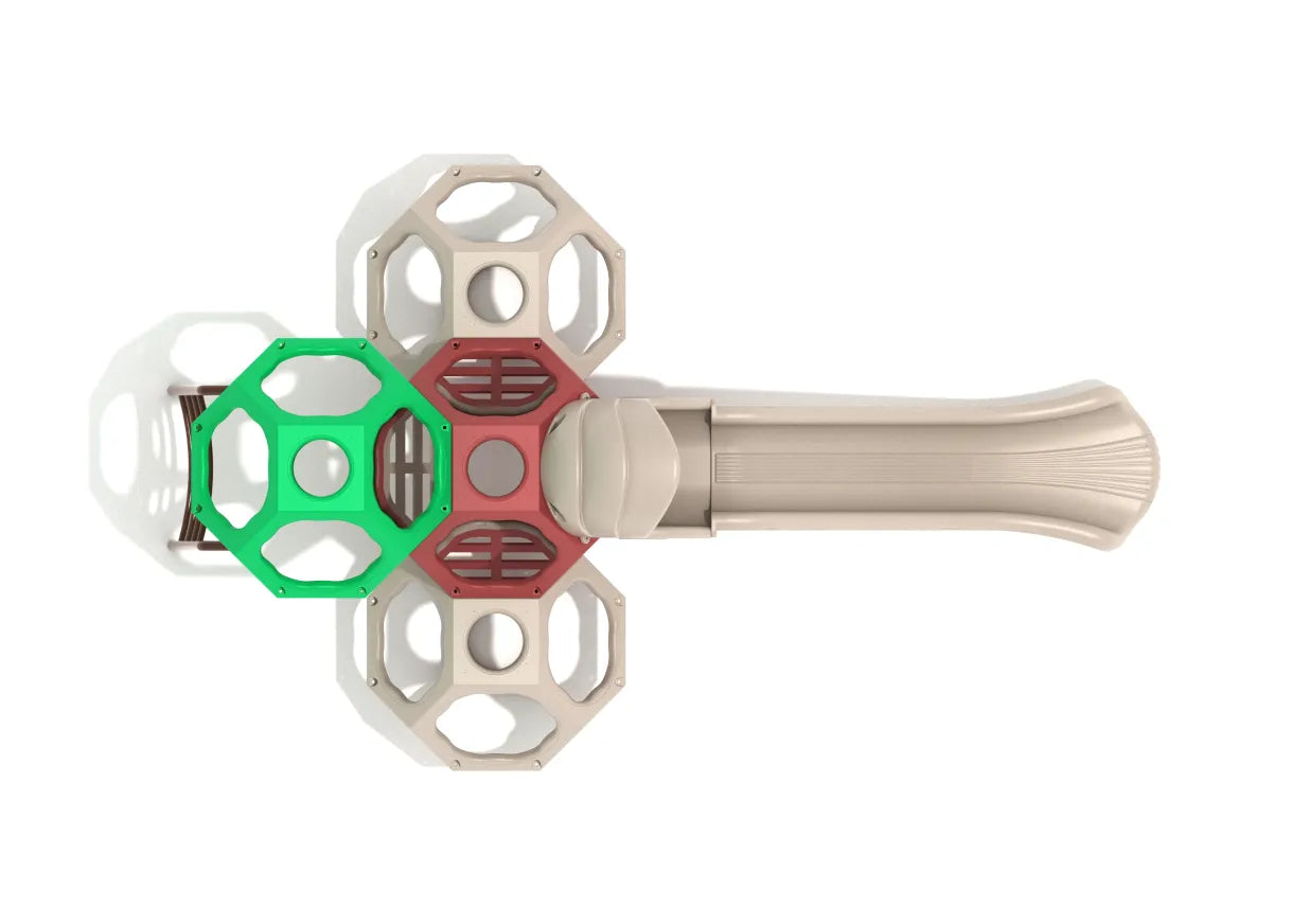 Overhead view of a colorful geometric climbing cube with ladder and smooth wave slide for active playground fun