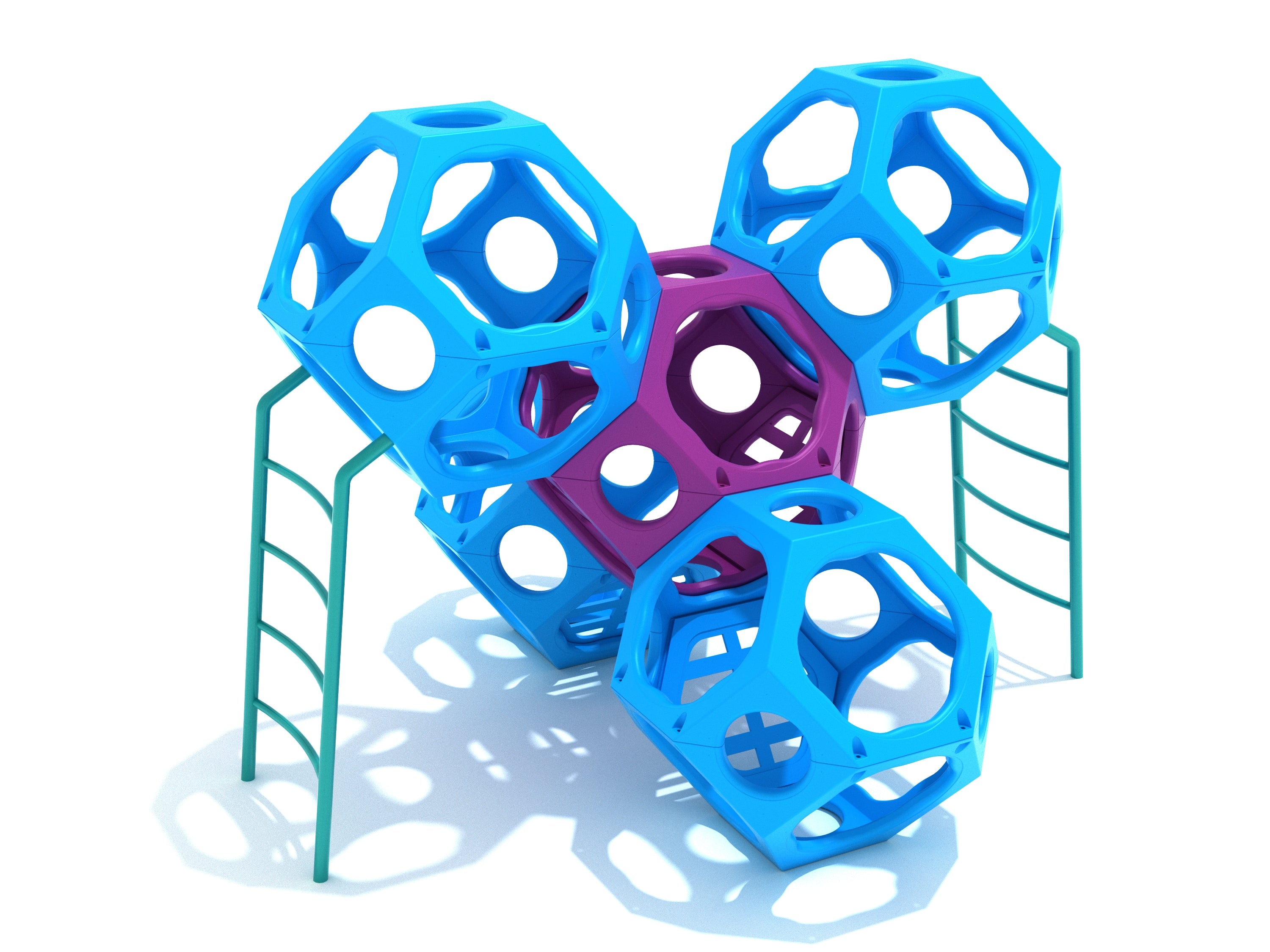 Colorful geometric climbing structure with interconnected polyhedral pods and arched ladders for playground activity