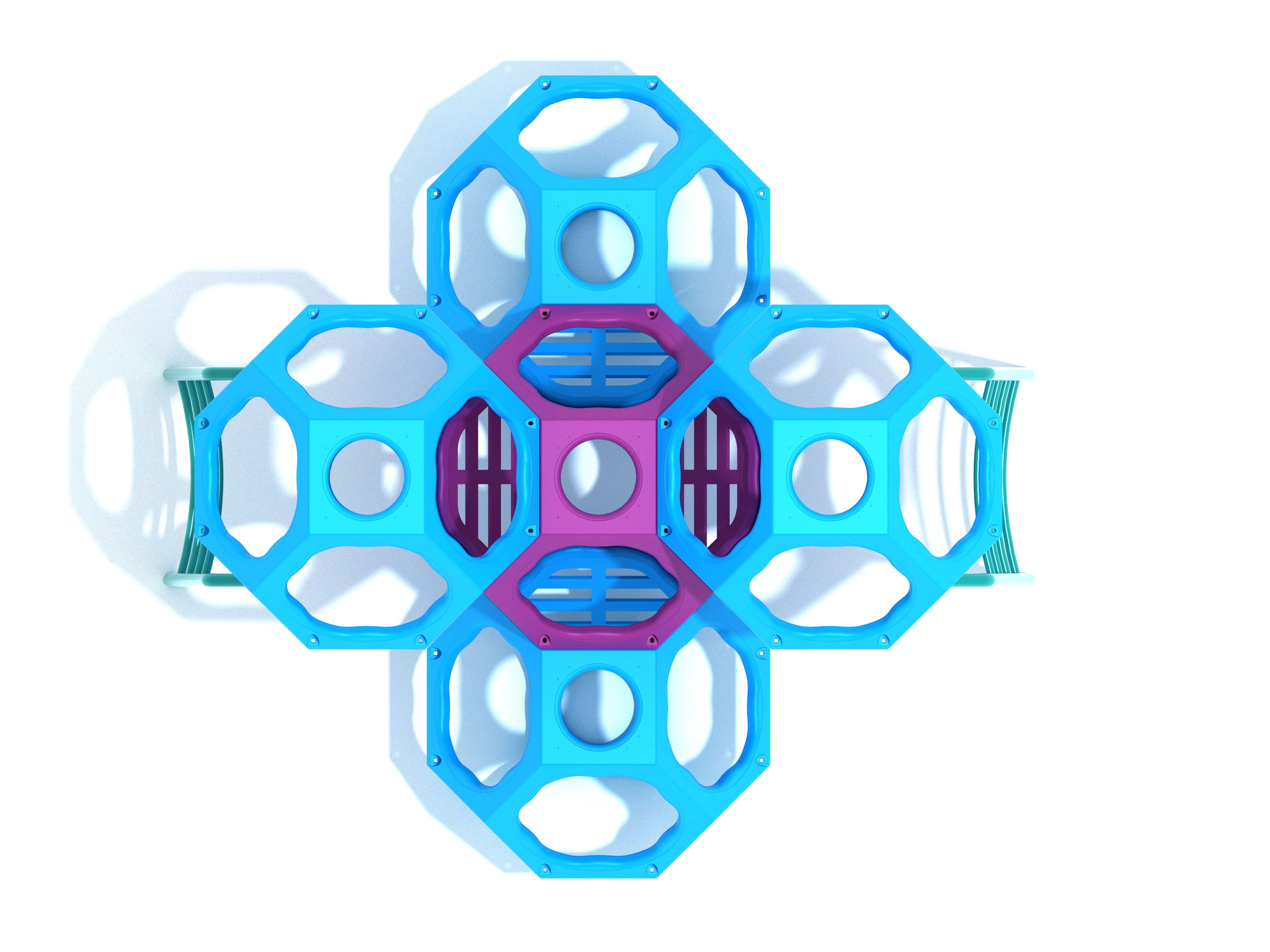 Overhead view of geometric climbing cube with interconnected blue and purple polyhedral pods and arched ladders for active playground play