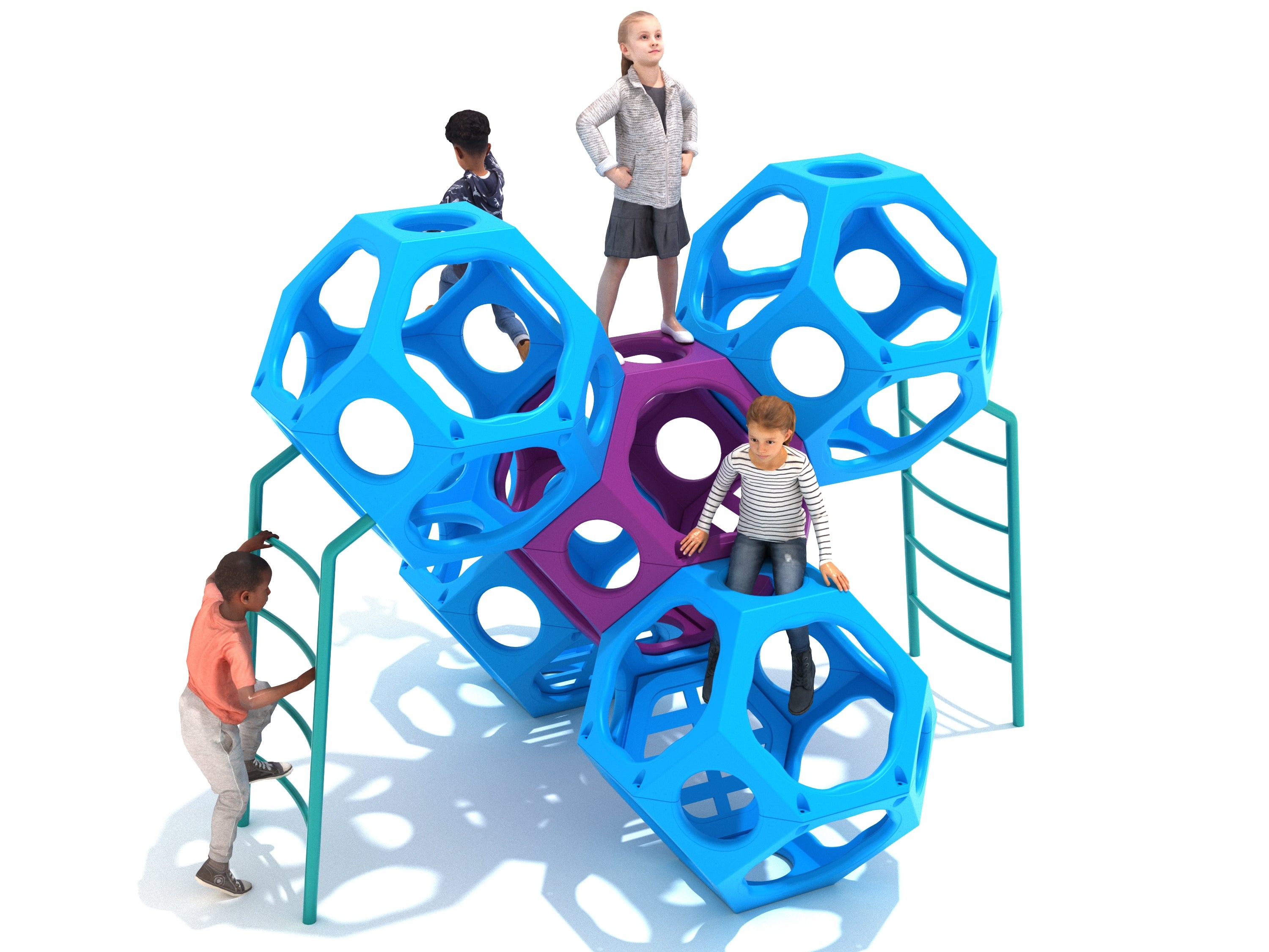 Colorful geometric climbing cube with interconnected polyhedral pods, arched ladders, and children actively playing