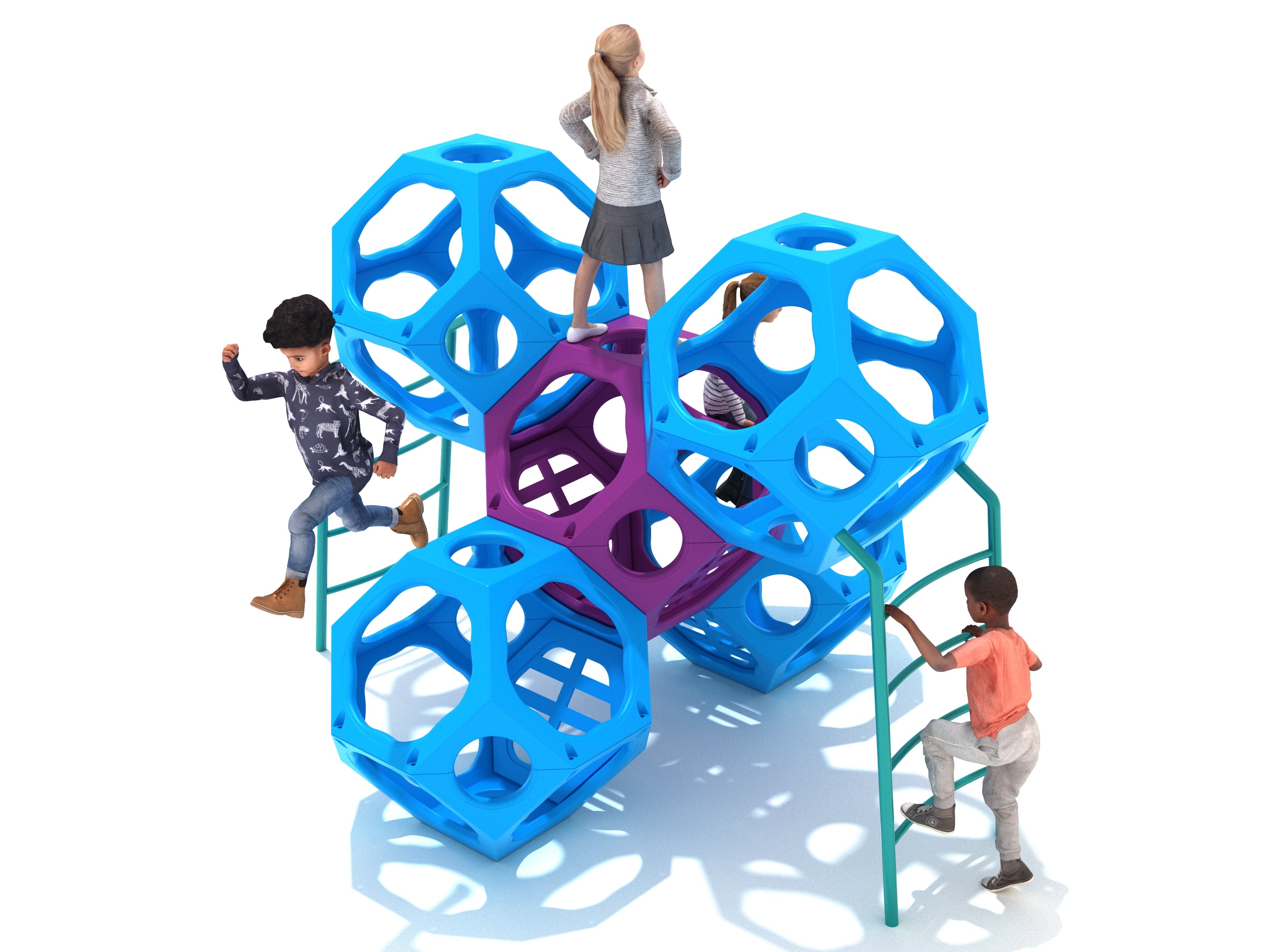 Colorful geometric climbing cube with interconnected polyhedral pods and arched ladders, children climbing and playing