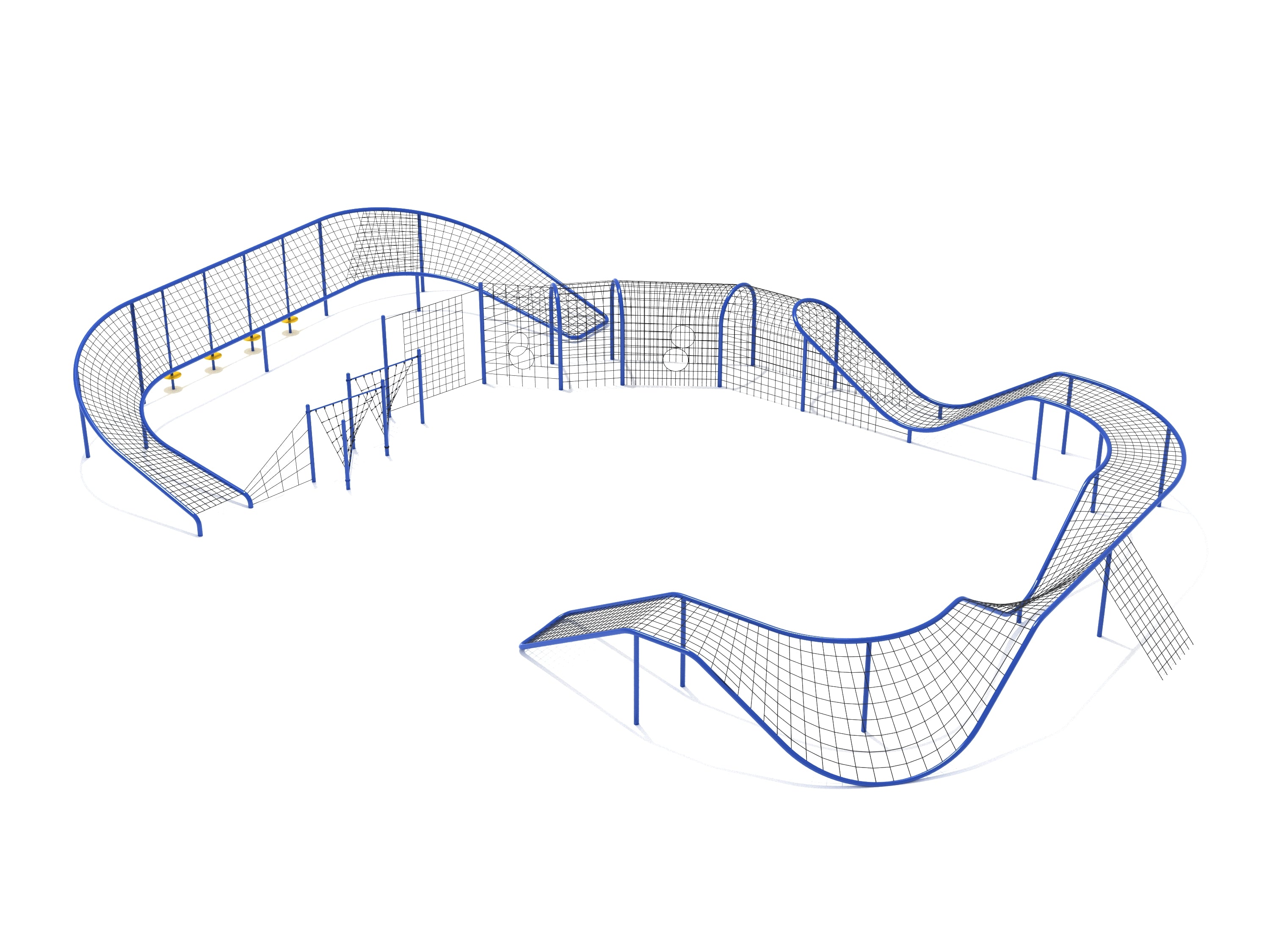 Overhead view of large blue steel rope playground structure with climbing nets, tunnels, and pebble climbers for active play