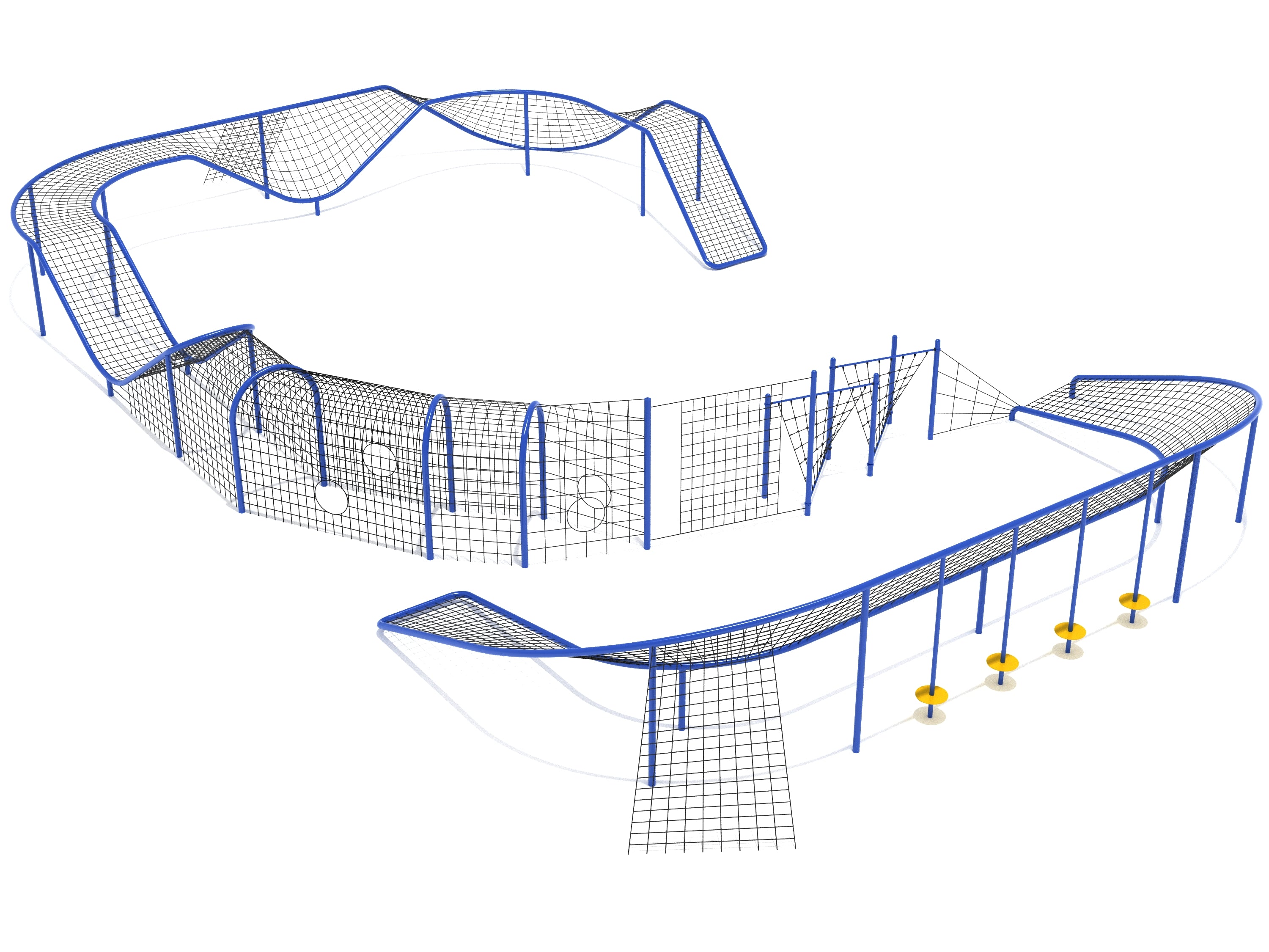 Spacewalk Net Course playground fitness structure with blue steel frame, black nylon-covered ropes, tunnels, and pebble climbers for active play and climbing