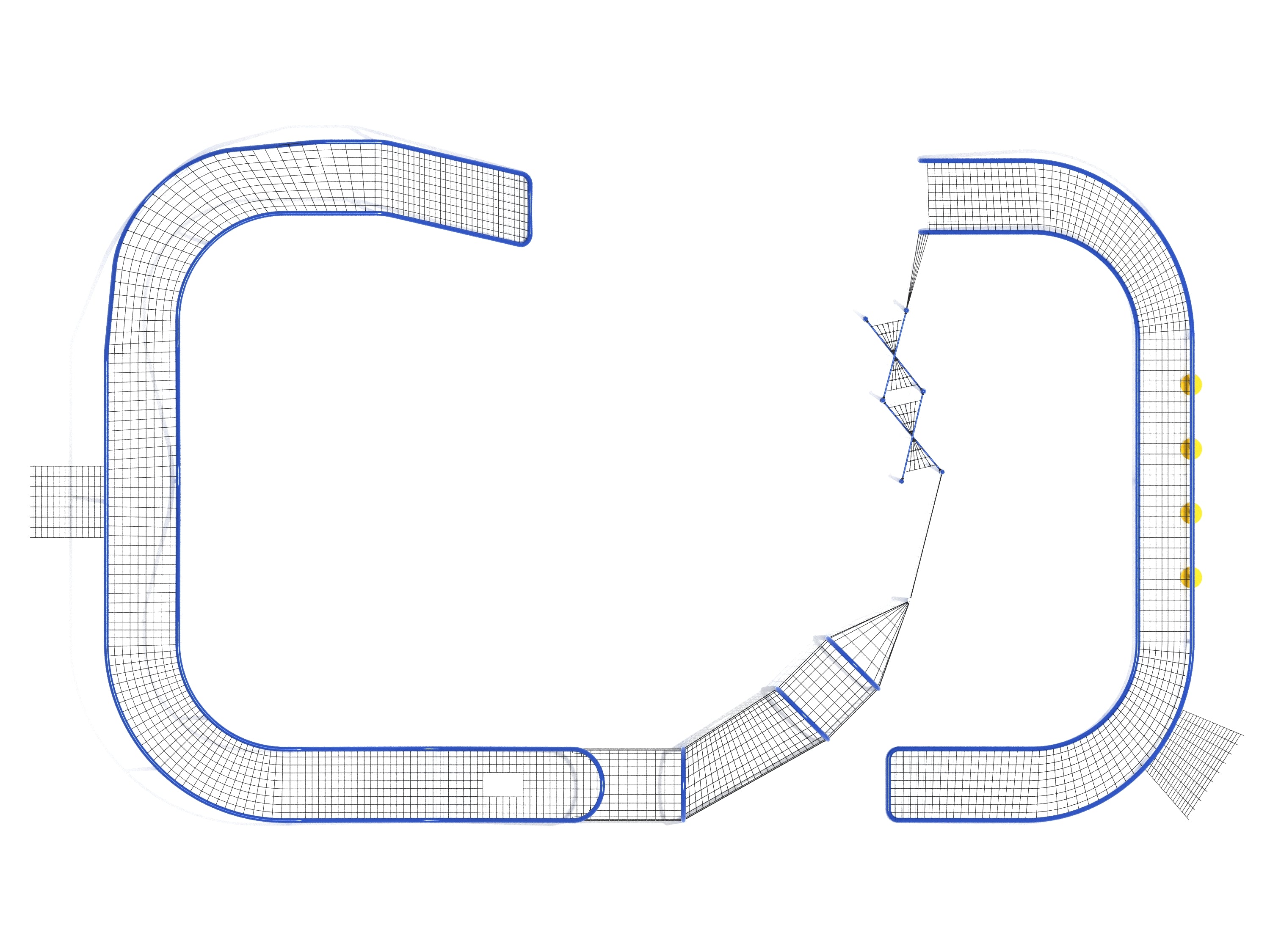 Overhead view of a large playground net course with blue steel ropes, tunnels, and pebble climbers for active play and climbing.