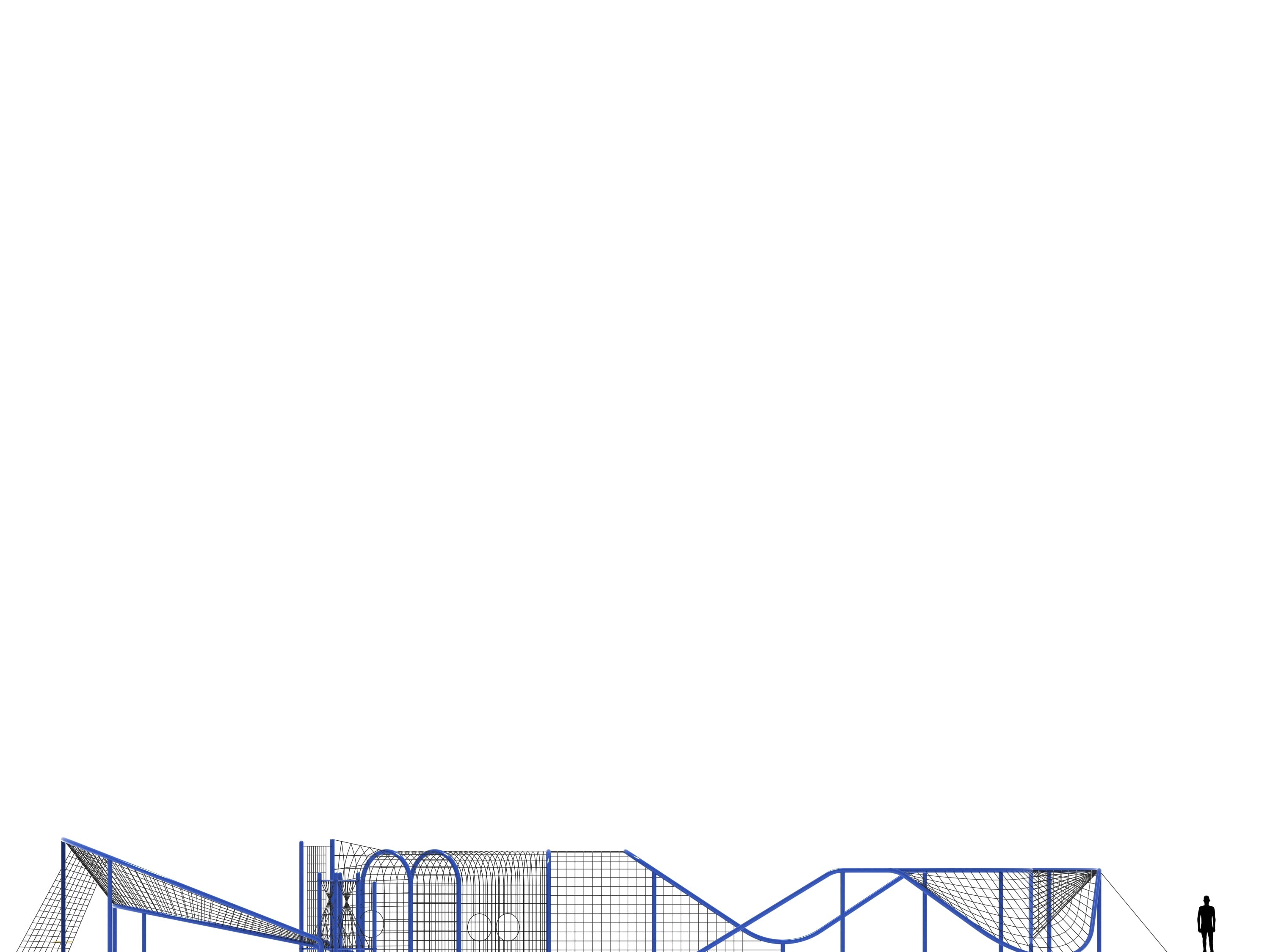 Large blue steel playground fitness structure with angled climbing nets, tunnels, and pebble climbers for active play and coordination.