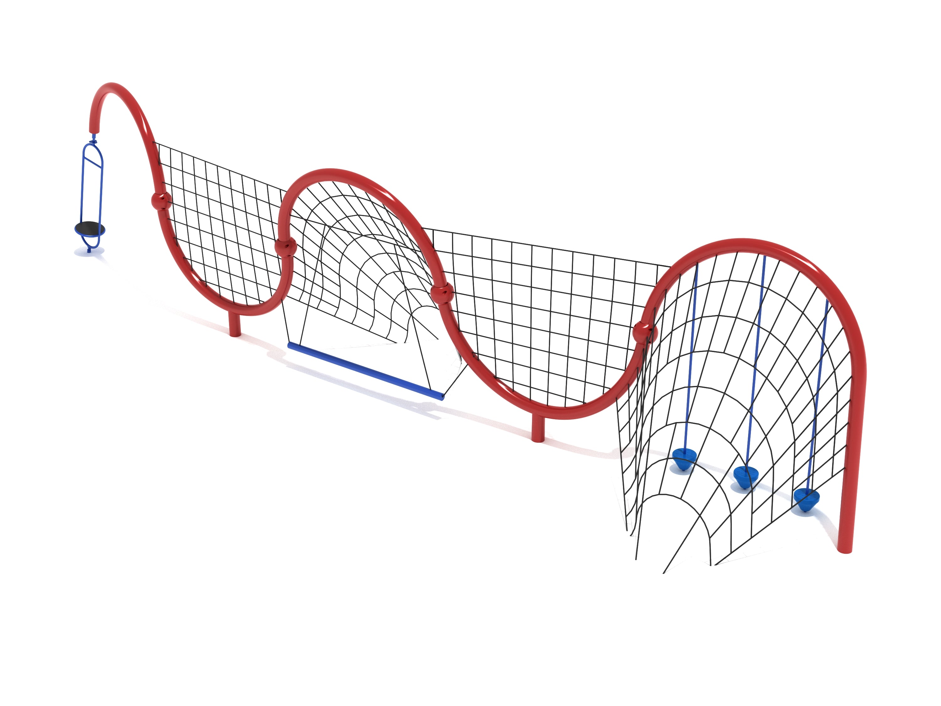 Wavelength Net Climber with red wave-shaped frame, black climbing nets, blue pebble climbers, balance beam, and spinner elements