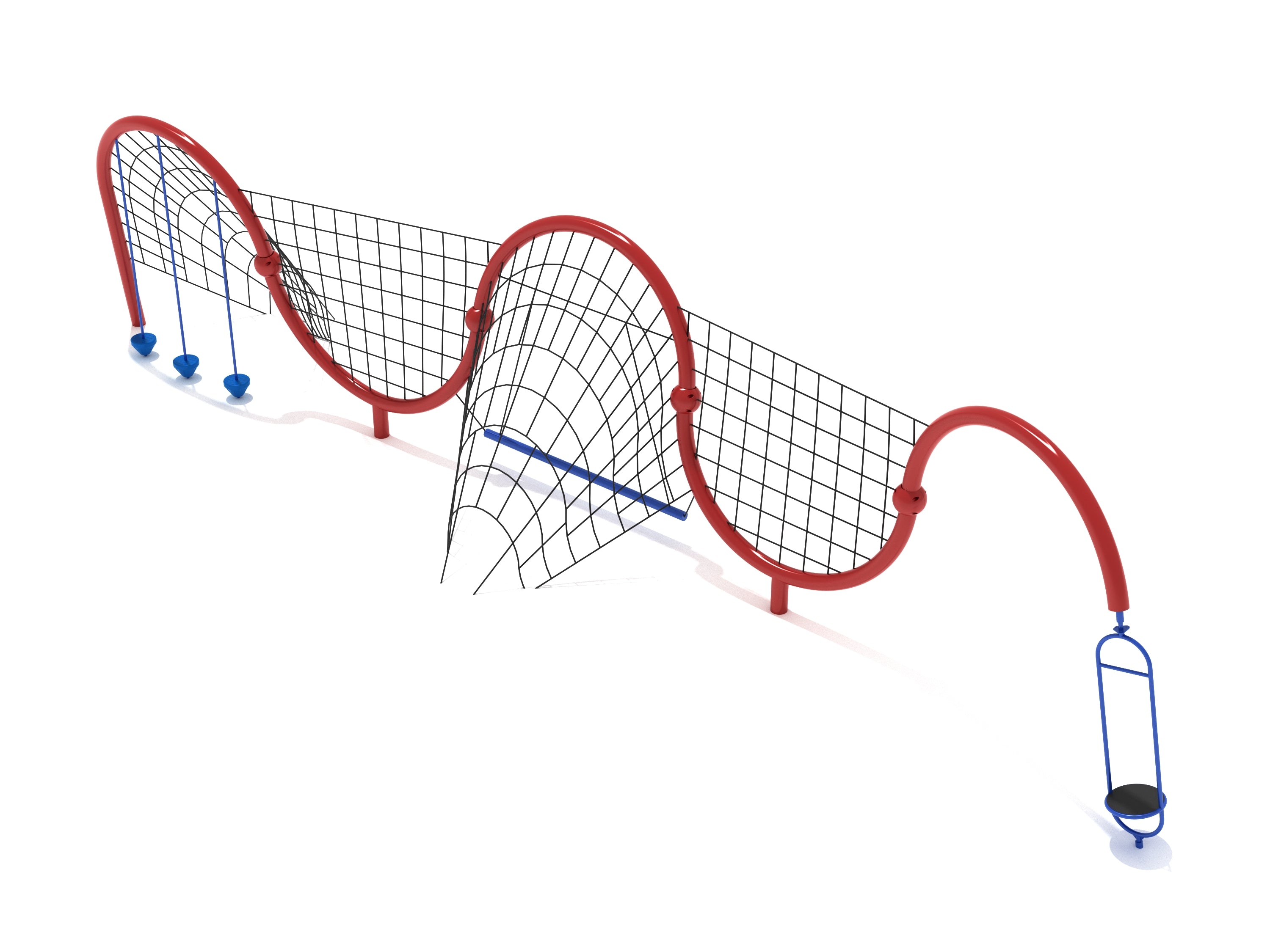 Wave-shaped red climbing frame with black nets, blue pebble climbers, balance beam, and spinner for playground activity