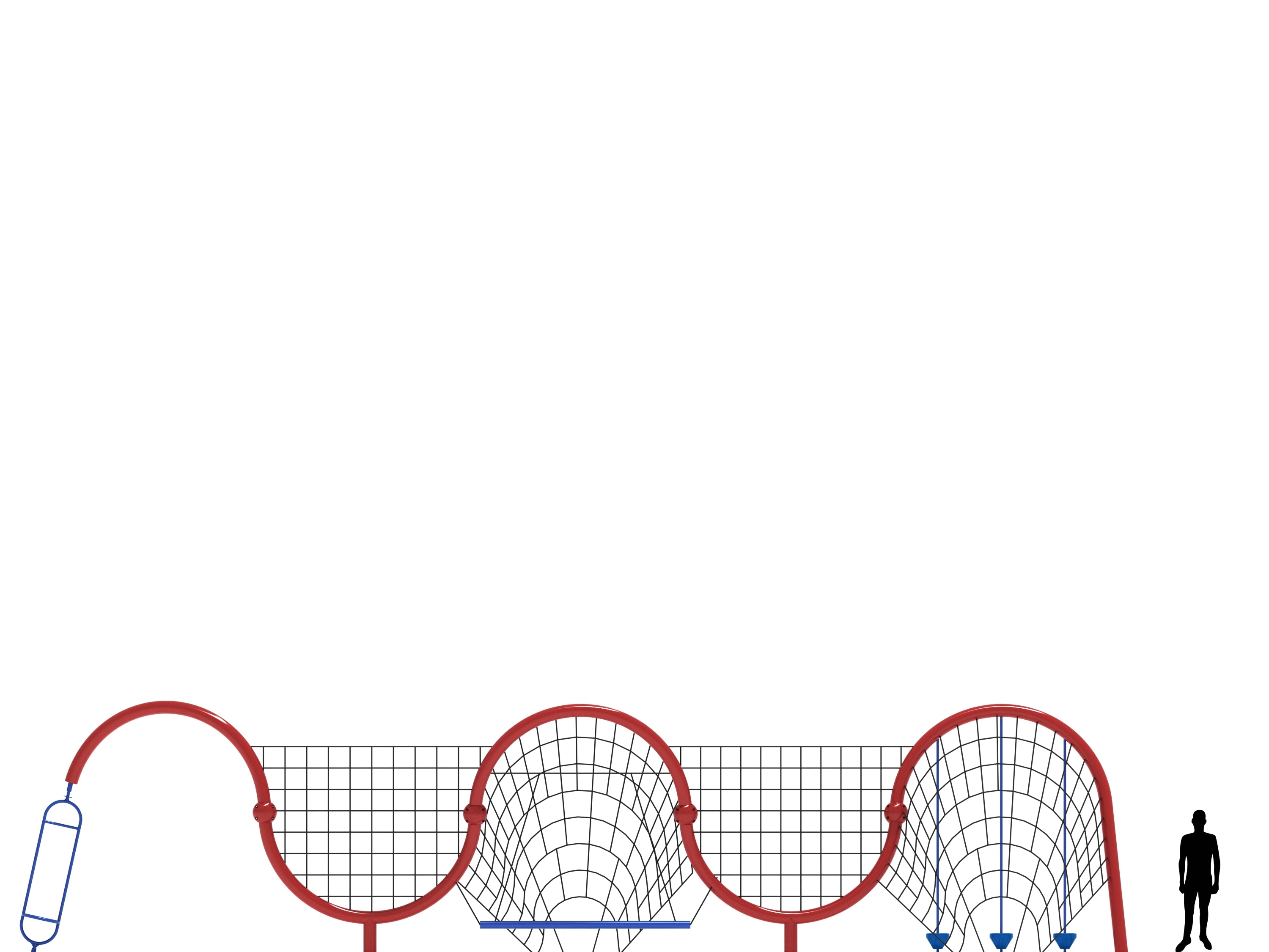 Wave-shaped climbing net with four circular woven sections, balance beam, pebble climbers, and spinner, shown with human figure for scale.