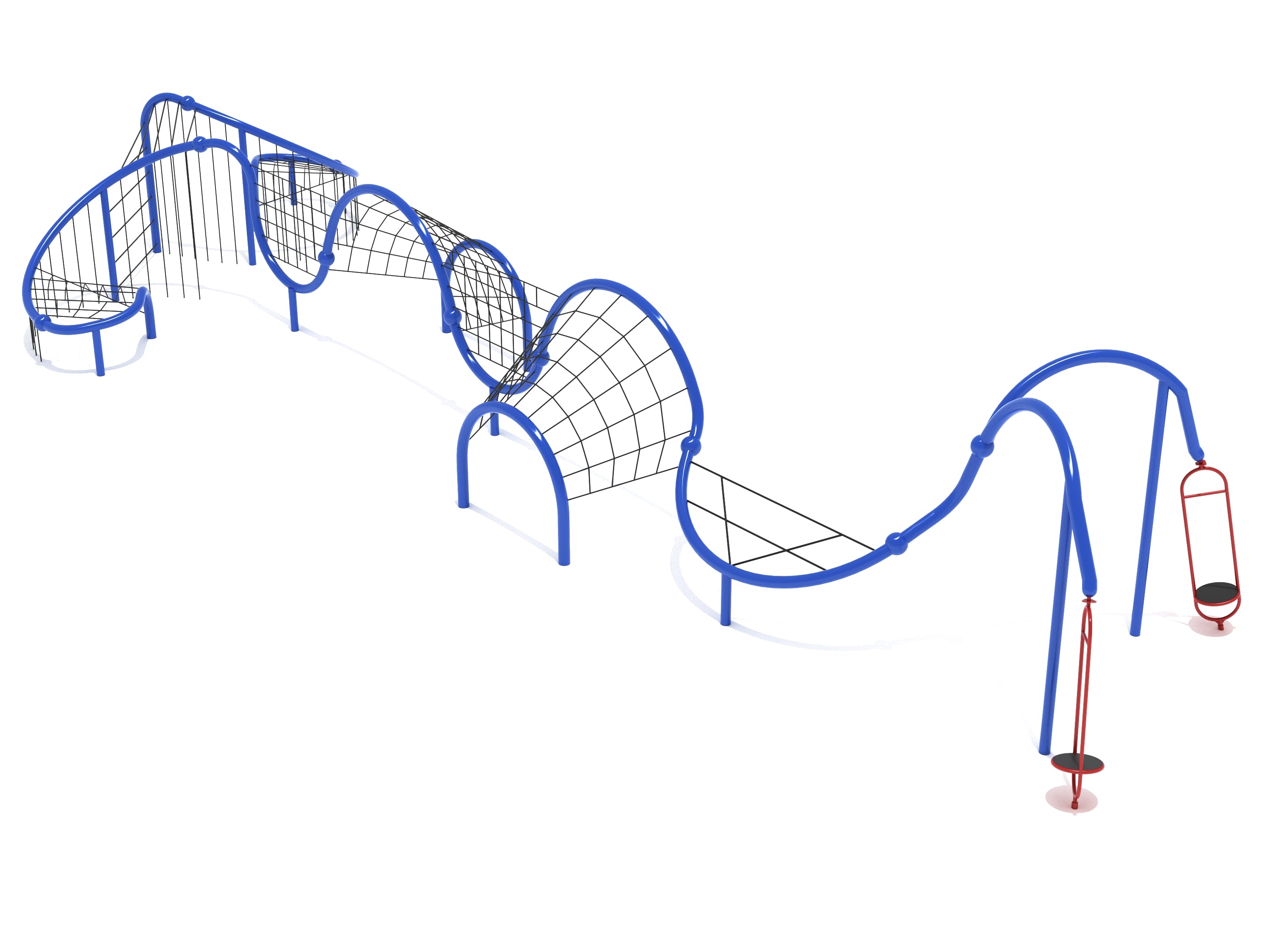Celestial Channel Net Climber with blue arched frames, black rope nets, and red stand-up spinners for dynamic playground climbing.
