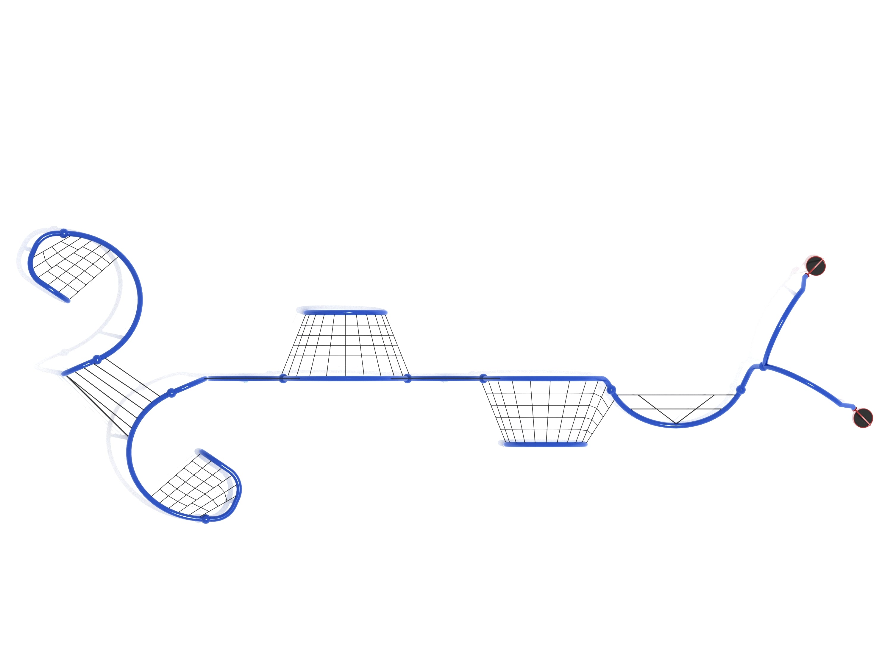 Overhead view of a blue rope net climber with curved arches, integrated rope bridges, and stand-up spinners for playground climbing
